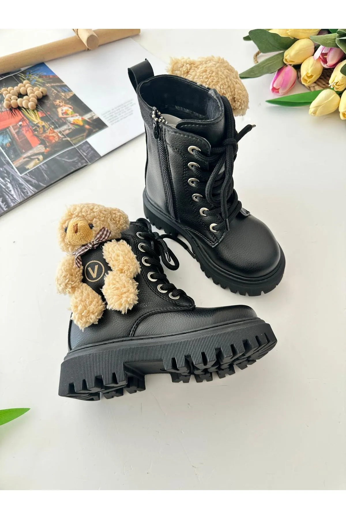 Miniğimin Cicileri Peluş Ayıcık Detaylı Premium Kız Çocuk Postal Bot - Siyah