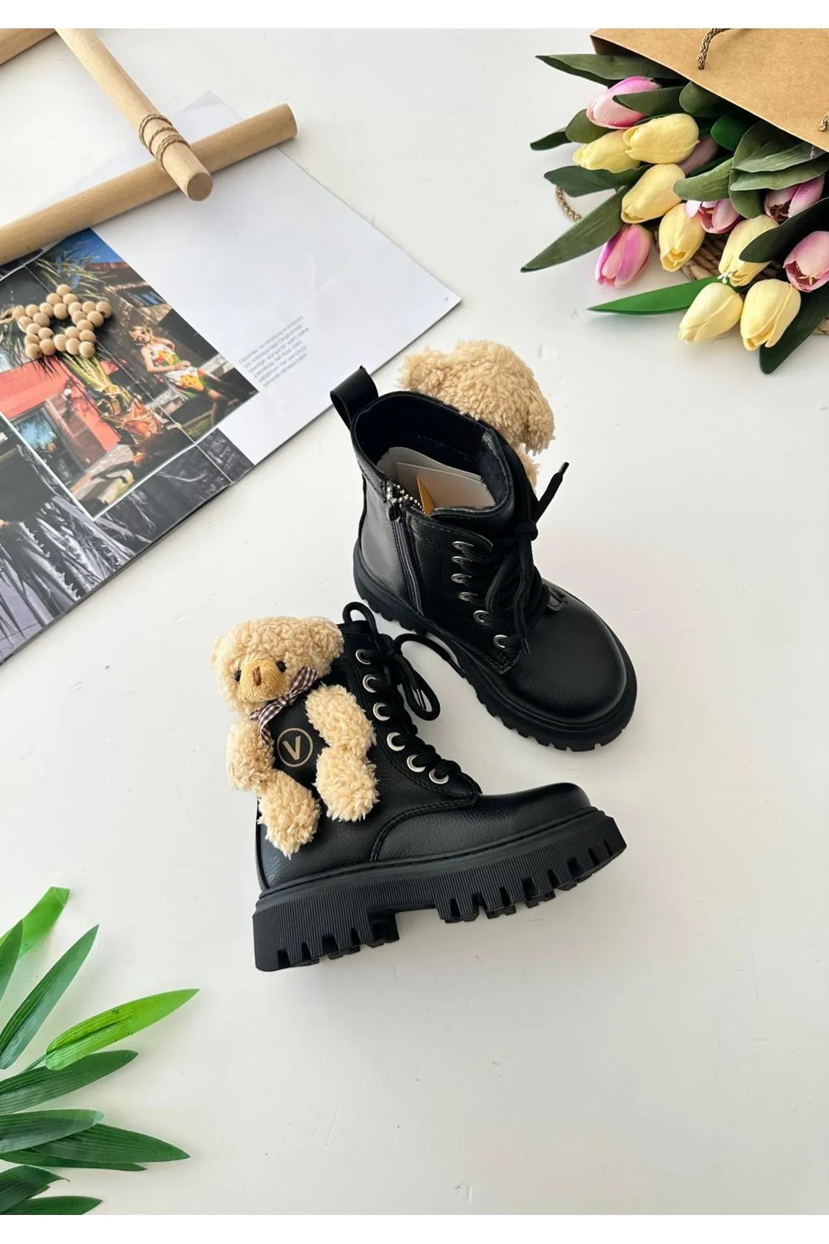 Miniğimin Cicileri Peluş Ayıcık Detaylı Premium Kız Çocuk Postal Bot - Siyah