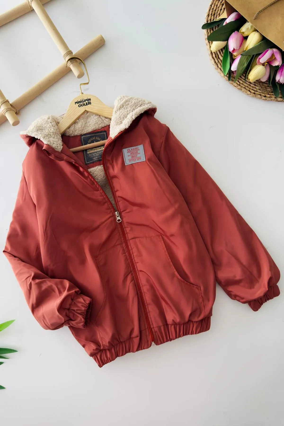 Miniğimin Cicileri Classic Peluş Astarlı Fermuarlı Unisex Çocuk Mevsimlik Mont - Kiremit