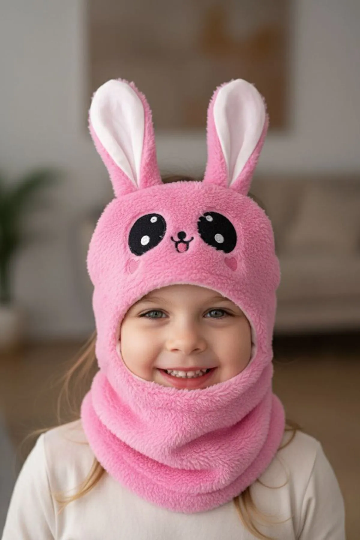 Miniğimin Cicileri Sevimli Tavşan Kulaklı Peluş Yüz Koruyucu Kız Çocuk Boyunluk - Pembe