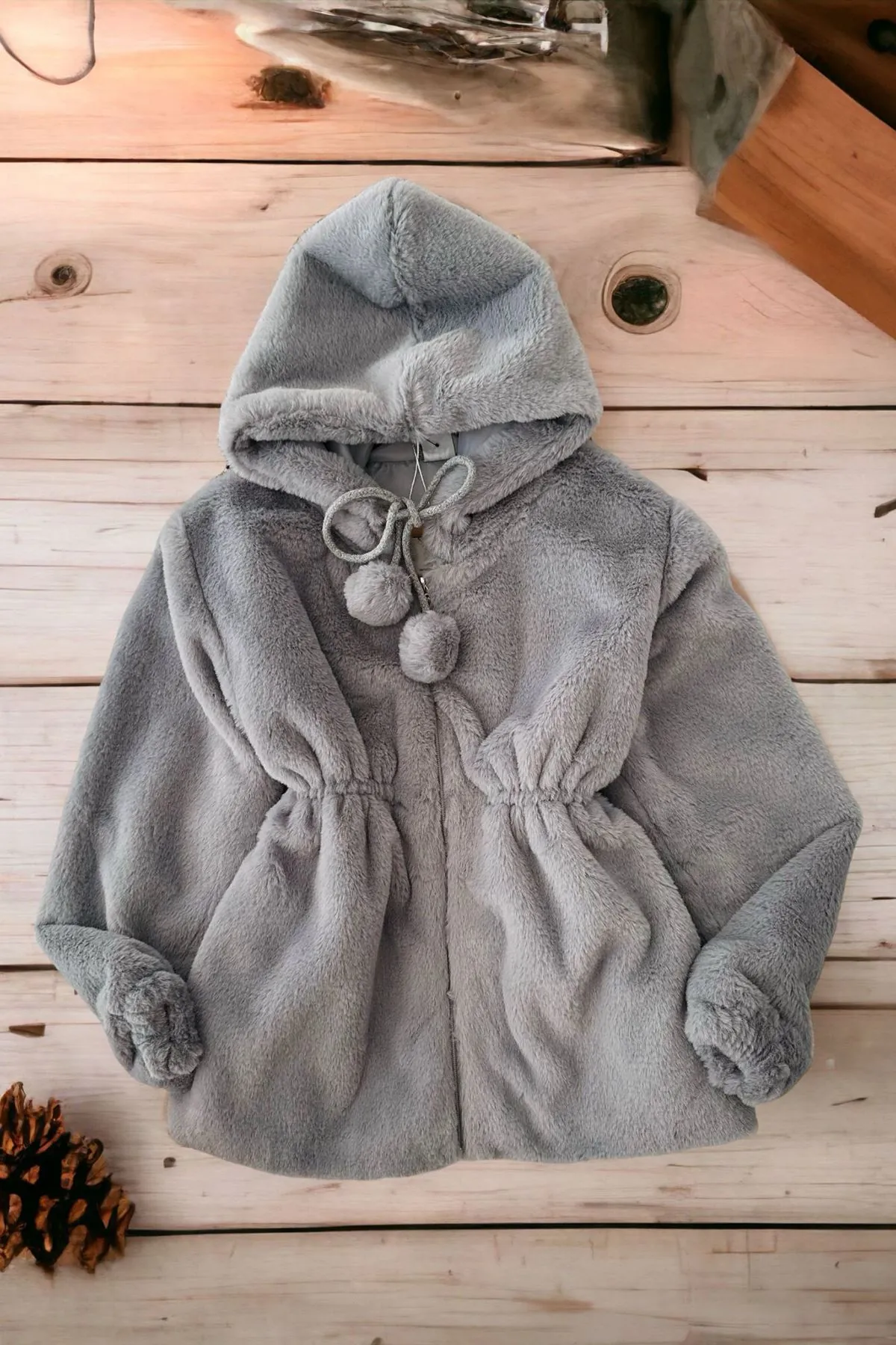 Miniğimin Cicileri Pelüş Kız Çocuk Kapüşonlu Kız Çocuk Mont - Duman