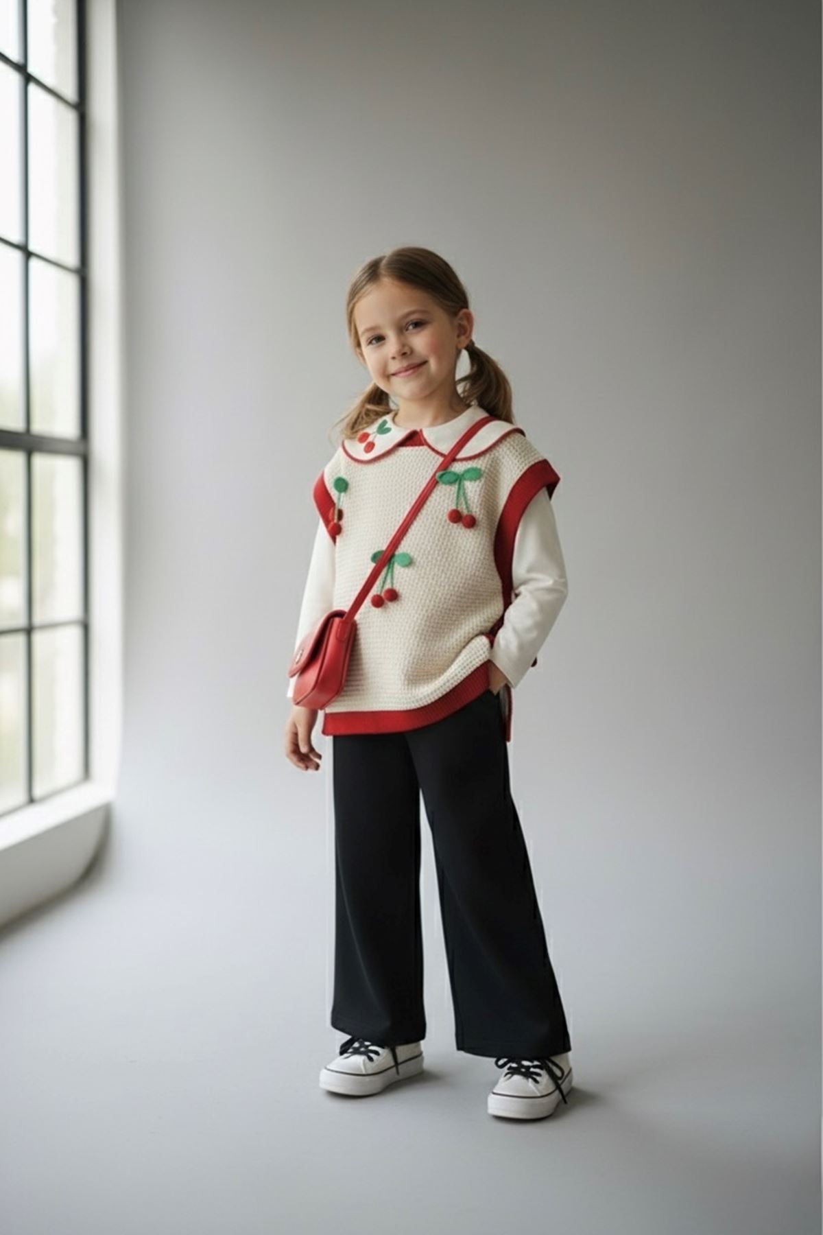 Miniğimin Cicileri Kiraz Desenli Triko 3 lü Kız Çocuk Takım - Kırmızı