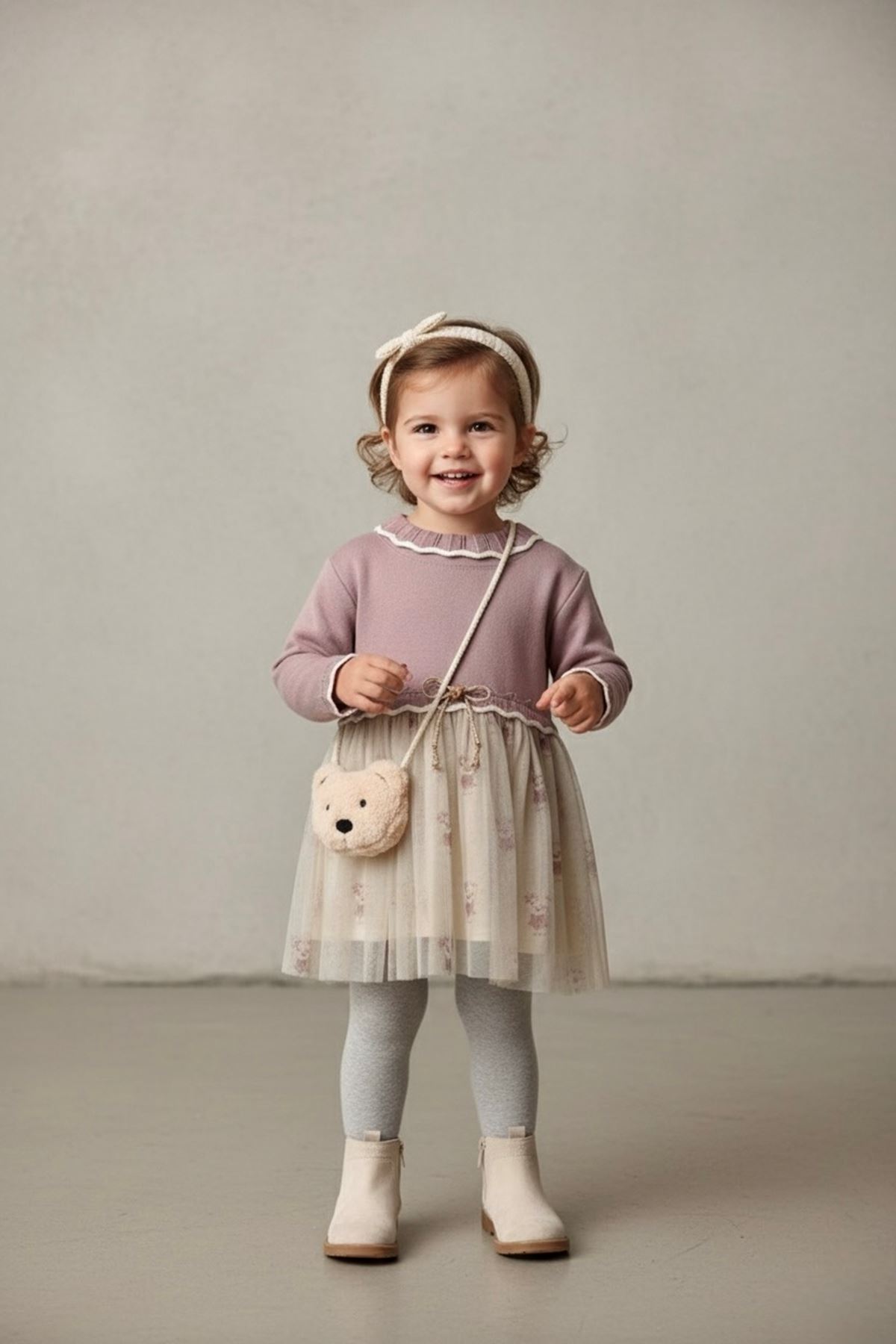 Miniğimin Cicileri Organik Ayıcık Çantalı Tül Etekli Kız Bebe 3 lü Takım - Mor