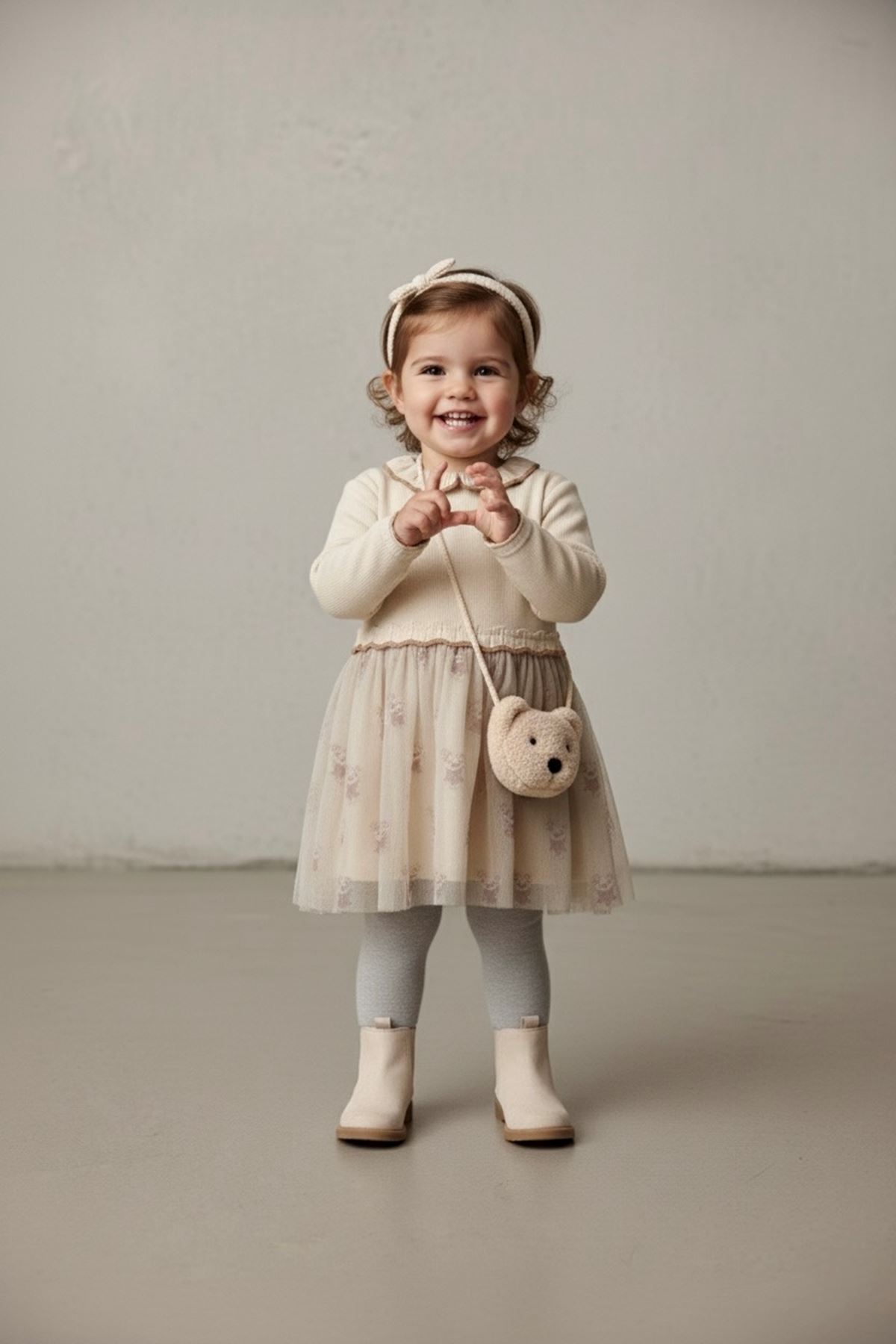 Miniğimin Cicileri Organik Ayıcık Çantalı Tül Etekli Kız Bebe 3 lü Takım - Krem