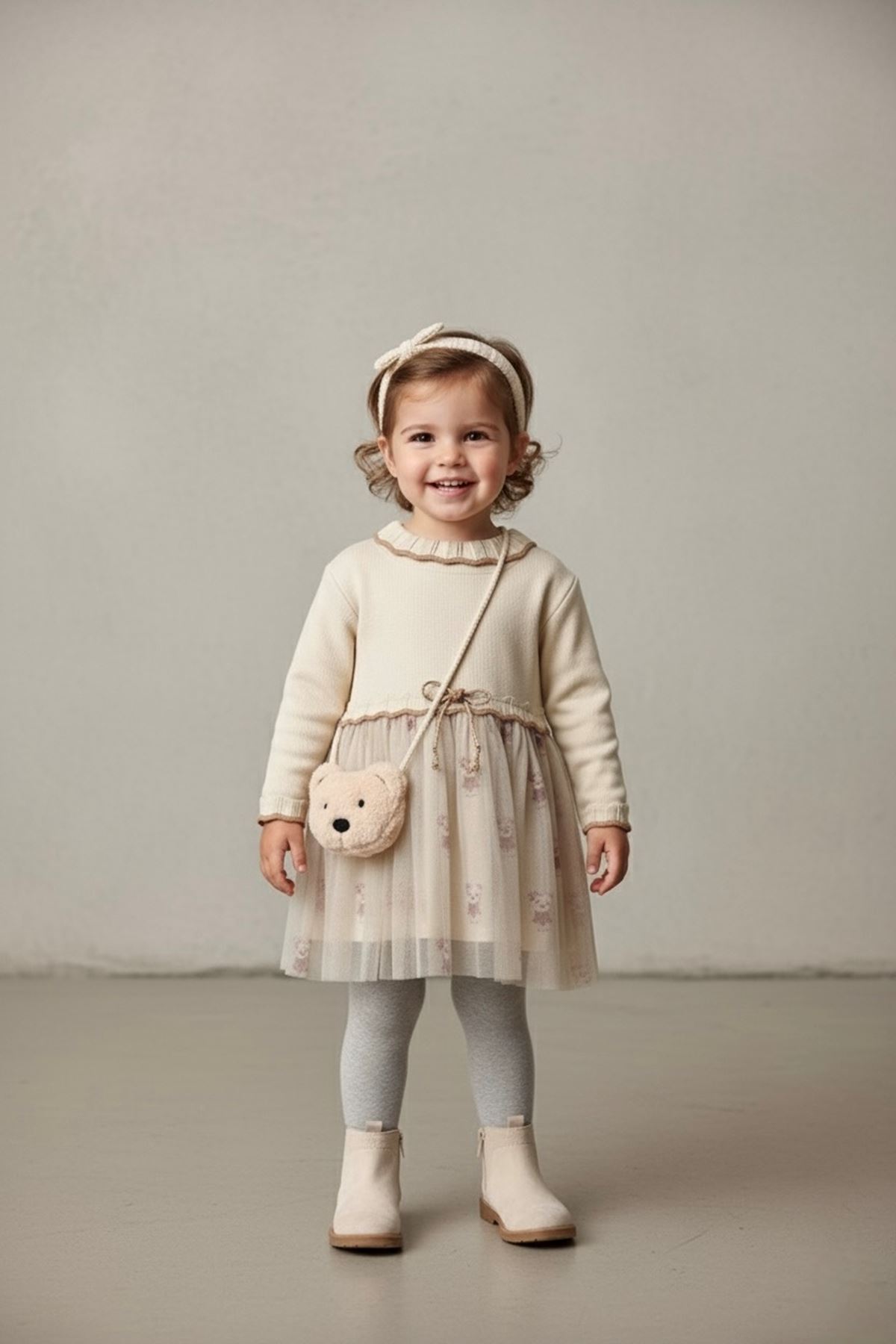Miniğimin Cicileri Organik Ayıcık Çantalı Tül Etekli Kız Bebe 3 lü Takım - Krem