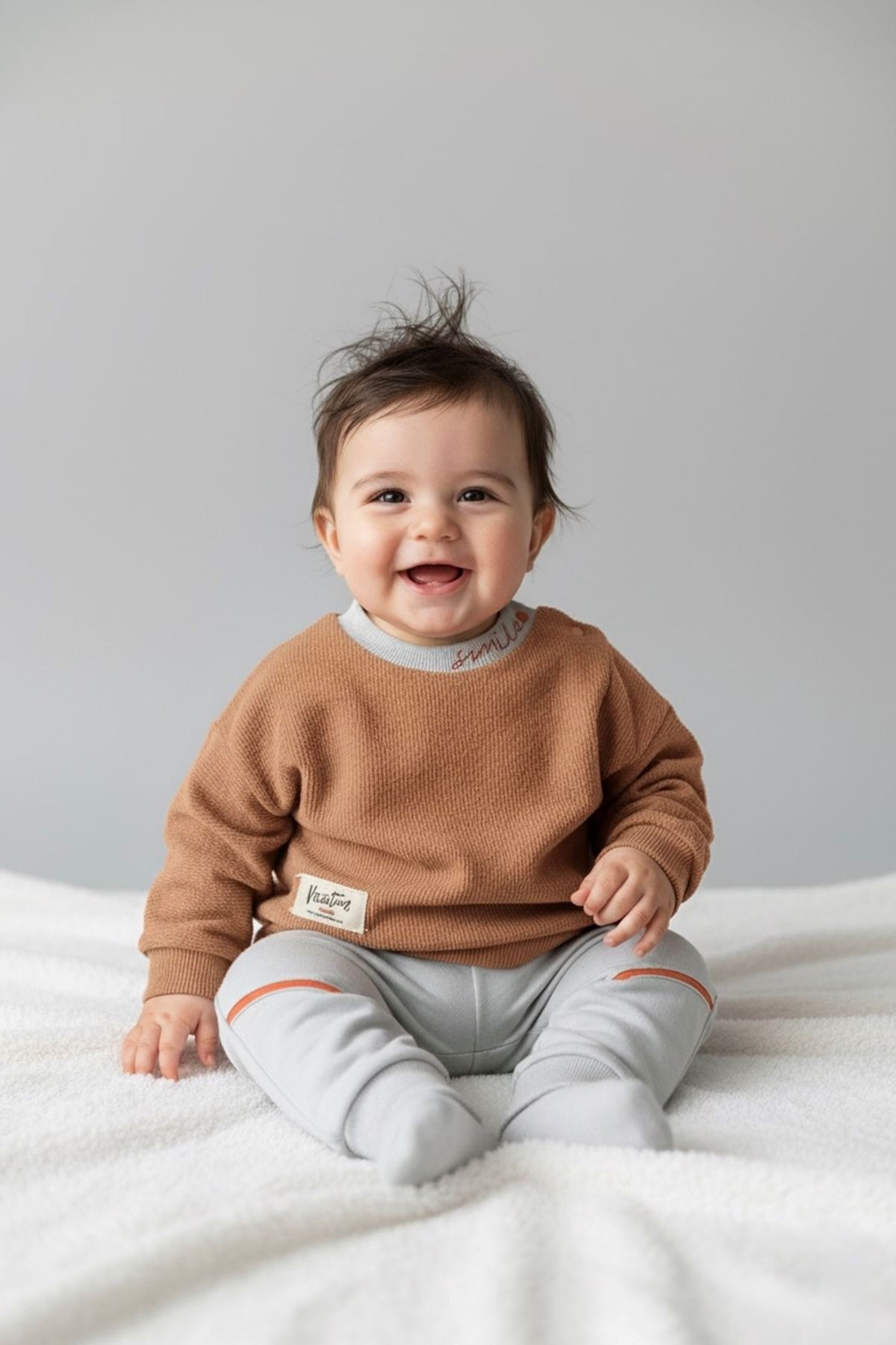 Miniğimin Cicileri  Triko Smile Baskılı Erkek Bebek 2 li Takım - Kahve