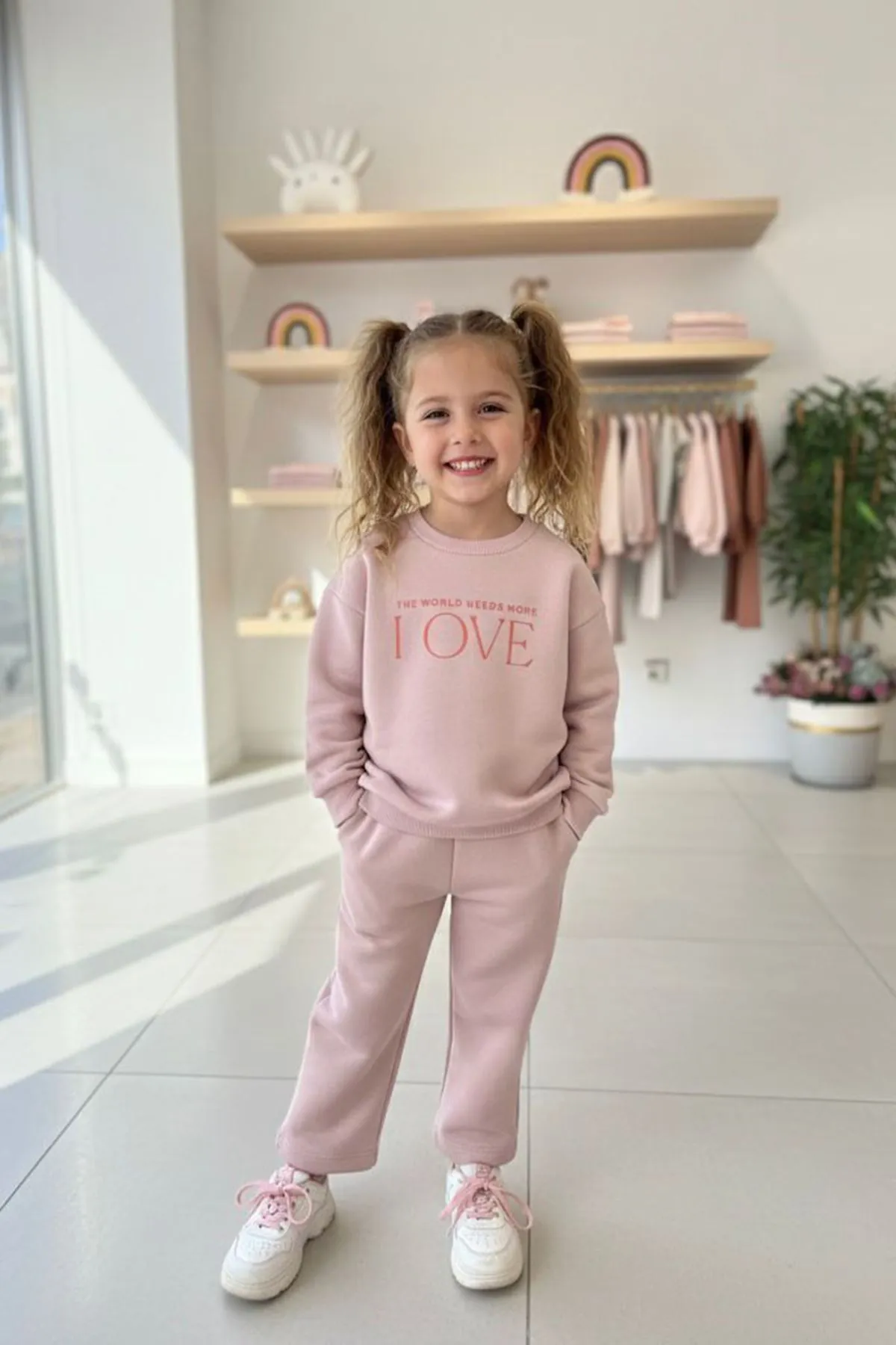 Miniğimin Cicileri Love Çiçek Baskılı Kız Çocuk Kışlık Takım - Pudra