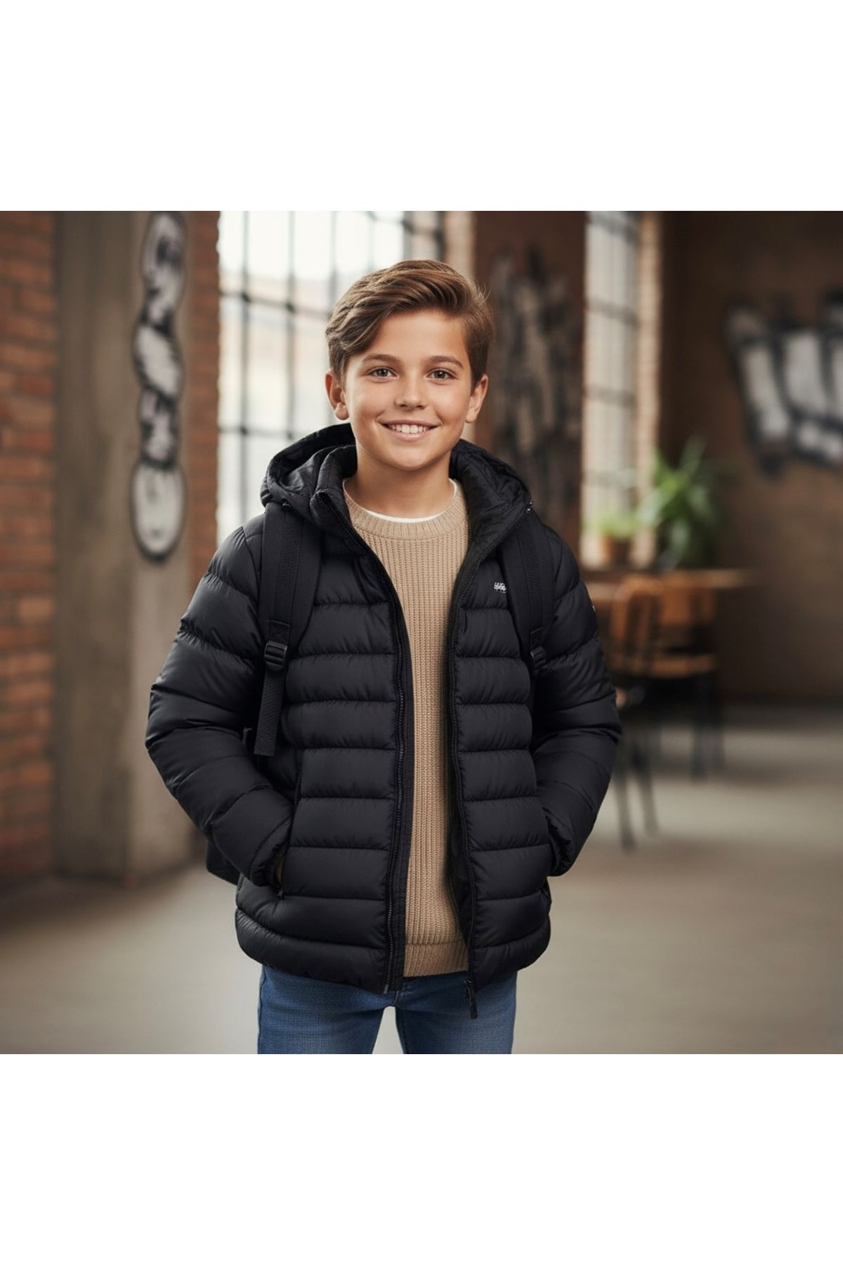 Miniğimin Cicileri Kapüşonlu (8-16 yaş) Unisex  Çocuk Şişme  içi Yünlü  Mont  - Siyah