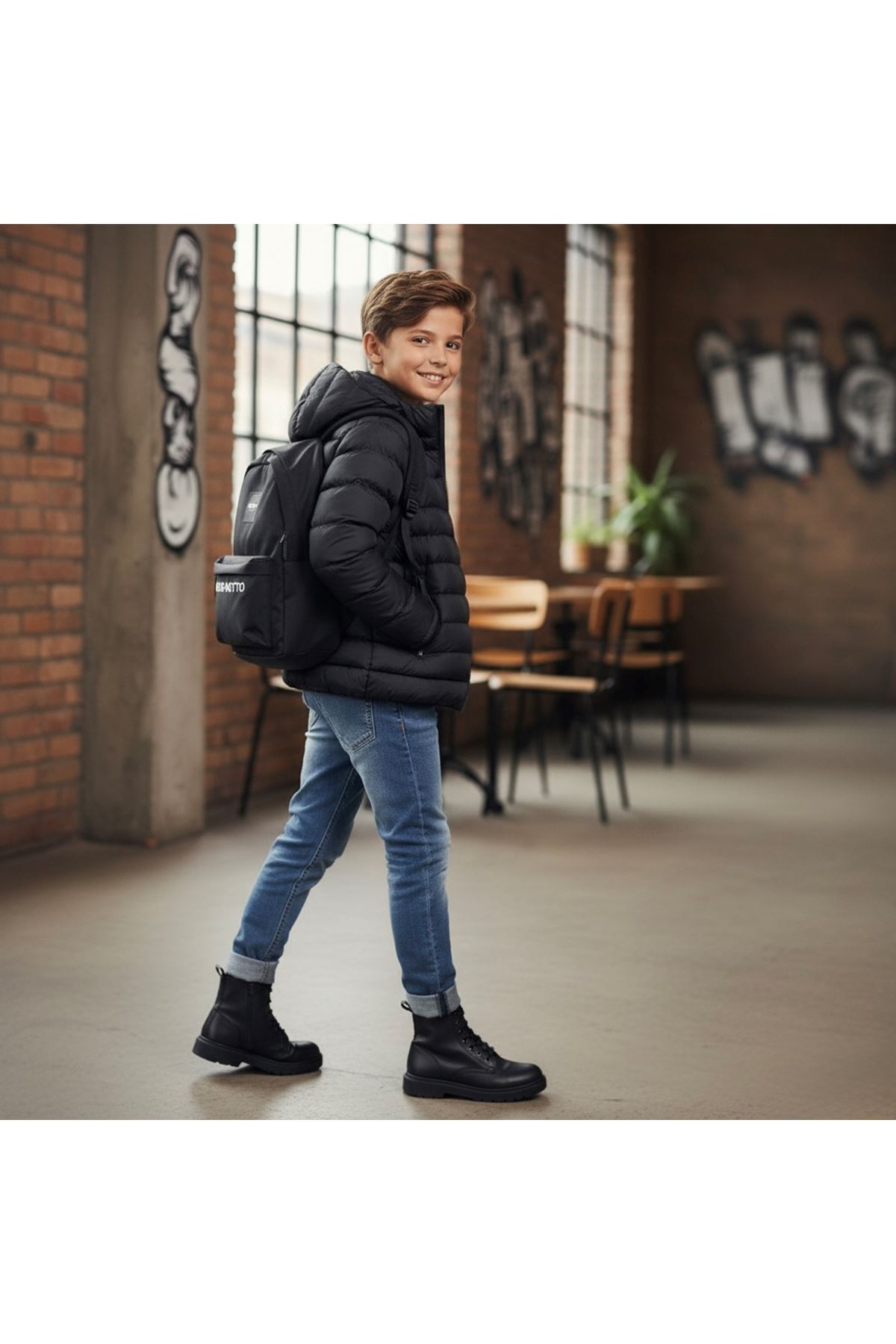 Miniğimin Cicileri Kapüşonlu (8-16 yaş) Unisex  Çocuk Şişme  içi Yünlü  Mont  - Siyah