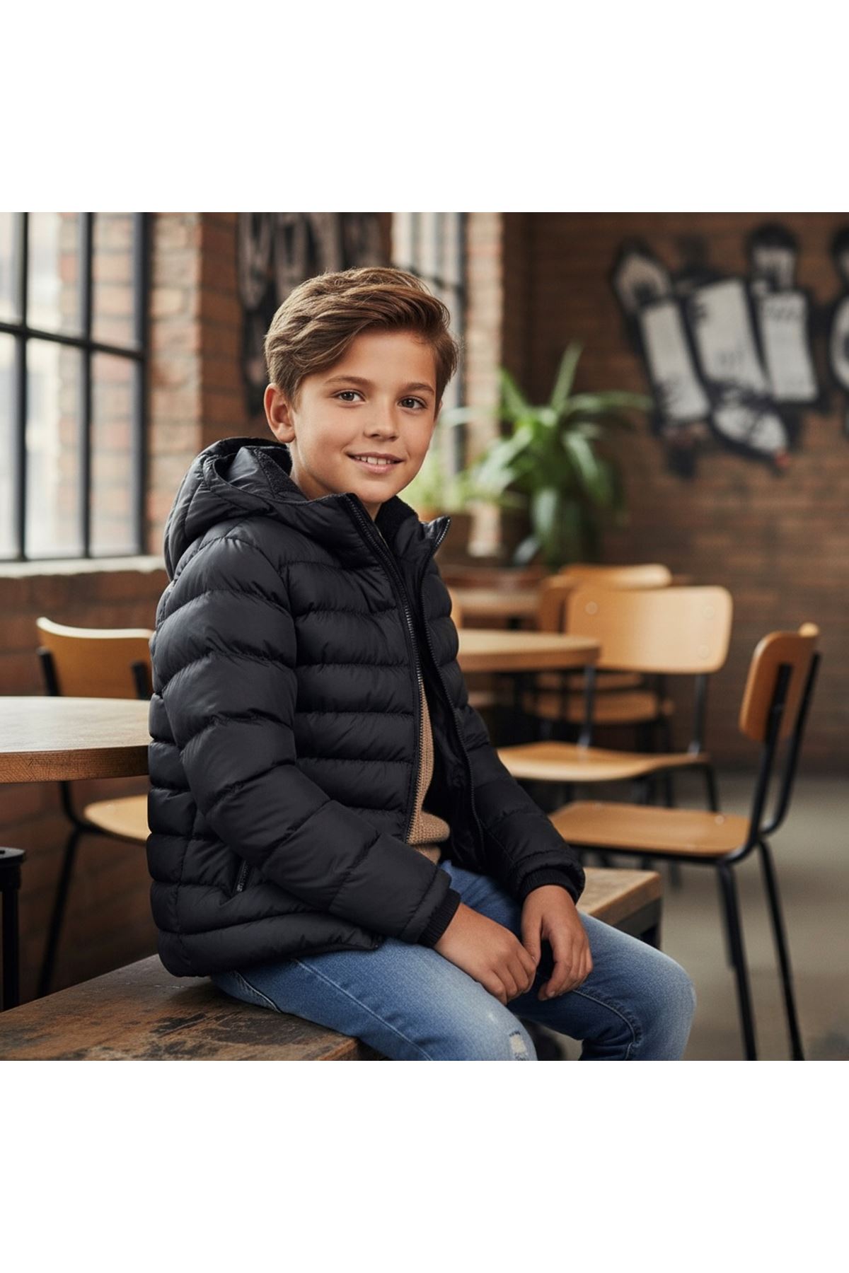 Miniğimin Cicileri Kapüşonlu (8-16 yaş) Unisex  Çocuk Şişme  içi Yünlü  Mont  - Siyah