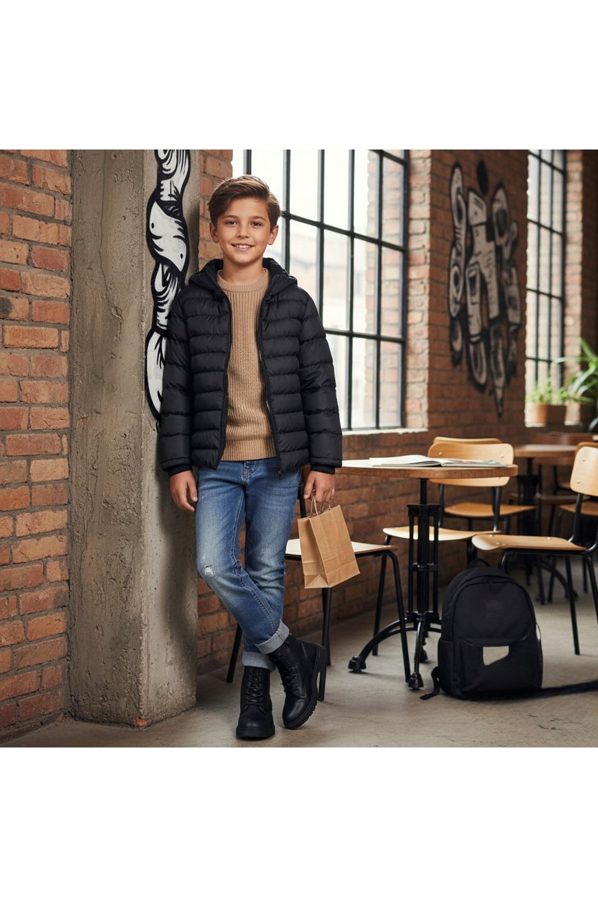 Miniğimin Cicileri Kapüşonlu (8-16 yaş) Unisex  Çocuk Şişme  içi Yünlü  Mont  - Siyah