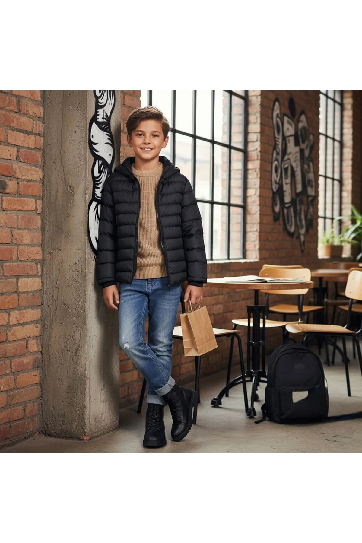 Miniğimin Cicileri Kapüşonlu (8-16 yaş) Unisex  Çocuk Şişme  içi Yünlü  Mont  - Siyah