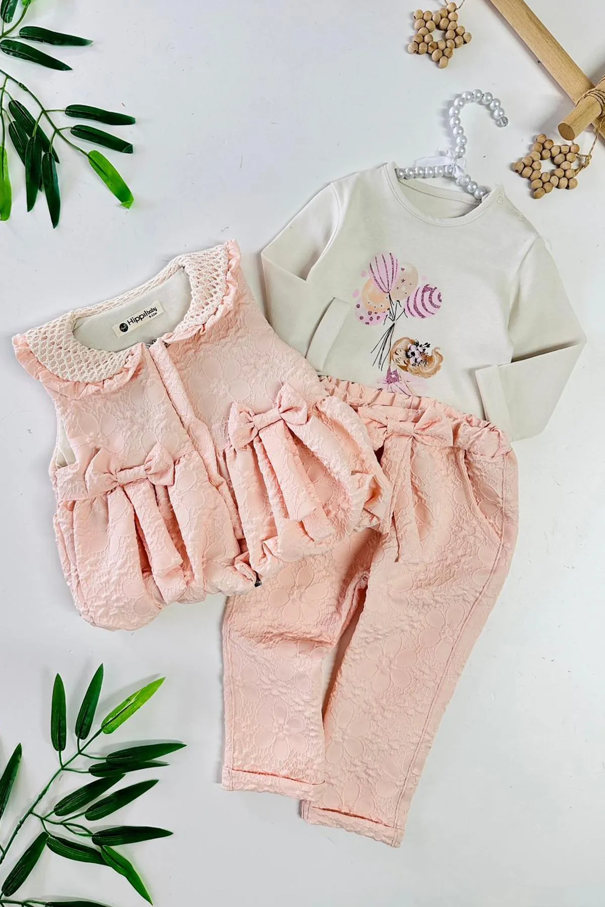 Miniğimin Cicileri Jakarlı Fiyonk Detaylı Şişme Yelekli Kız Bebek 3 lü Takım - Somon
