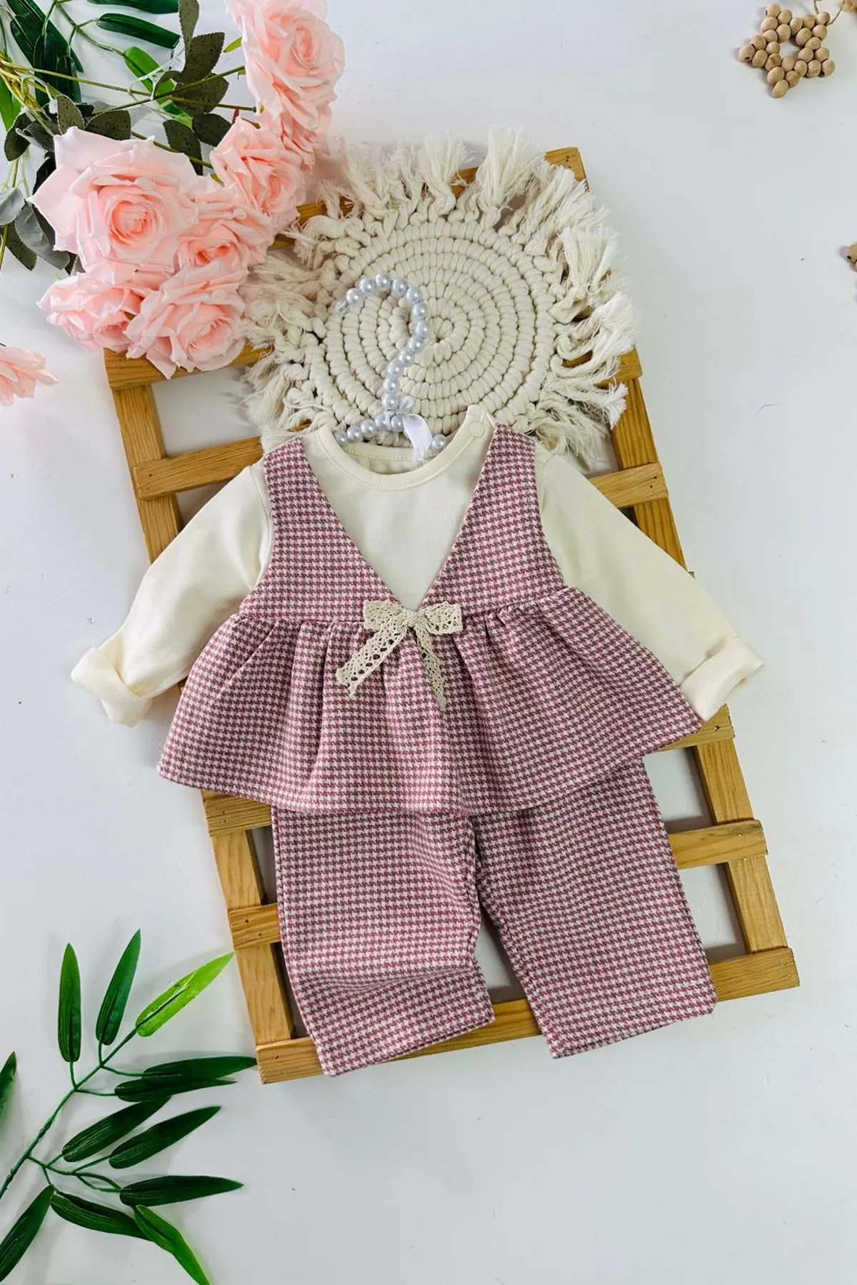 Miniğimin Cicileri Kazayağı  Fiyonklu Kız Bebe 2’li Elbise Görünümlü Takım - Pembe
