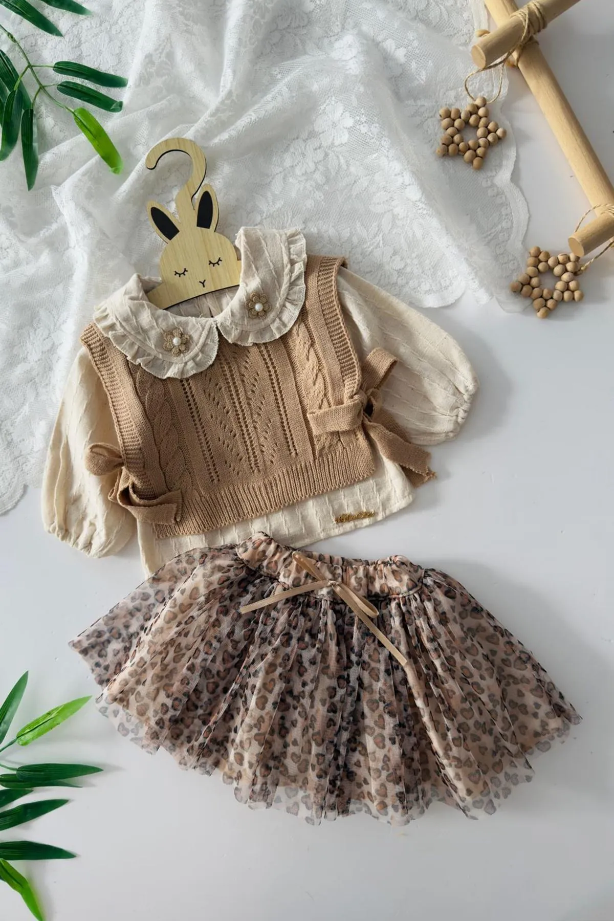Miniğimin Cicileri Leopar Tül Etekli Triko Süveterli Kız Bebek 3 lü Takım - Kahve