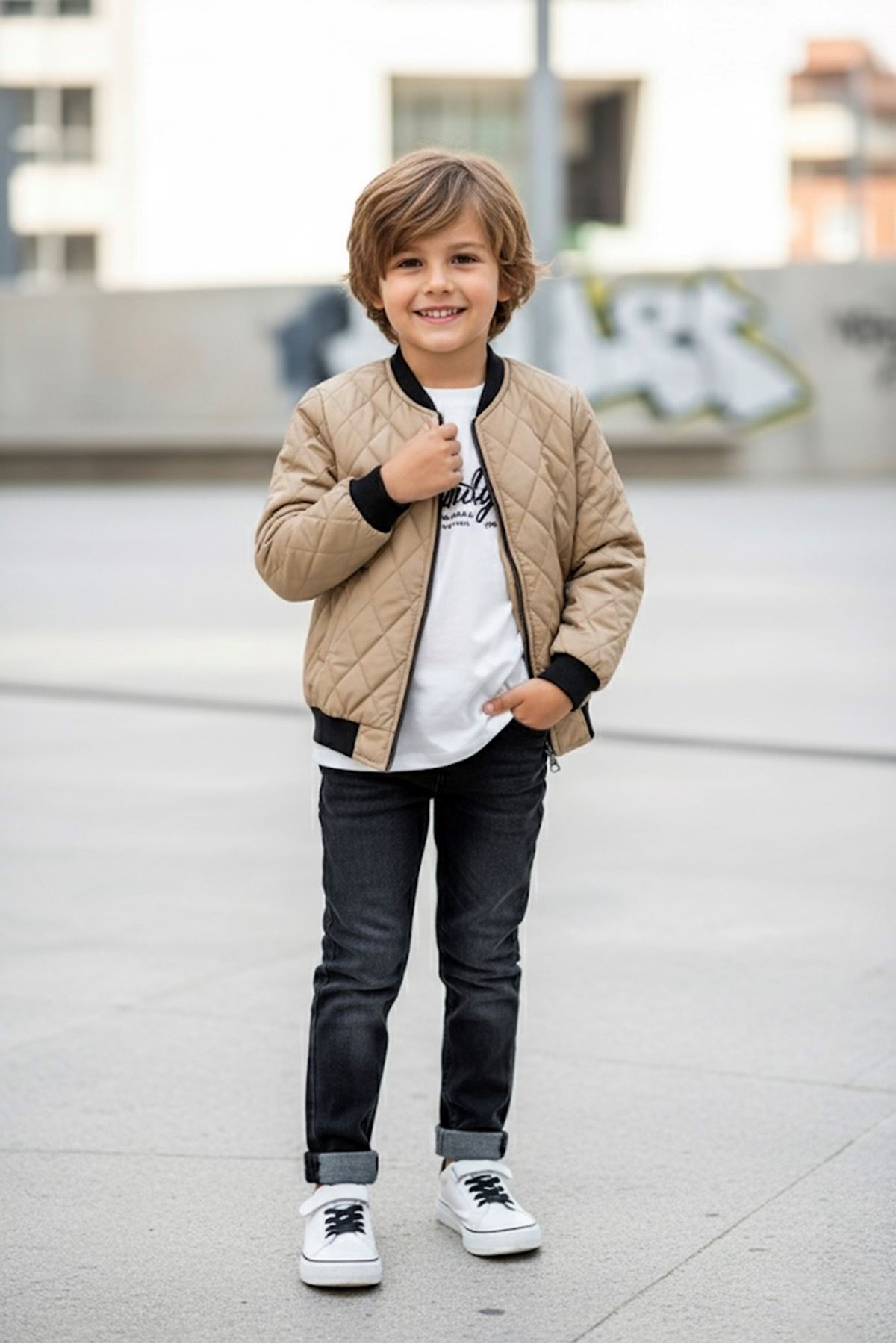 Miniğimin Cicileri LV Çift Tafarlı Kapitone Montlu Erkek Çocuk 3 Lü Takım - Bej