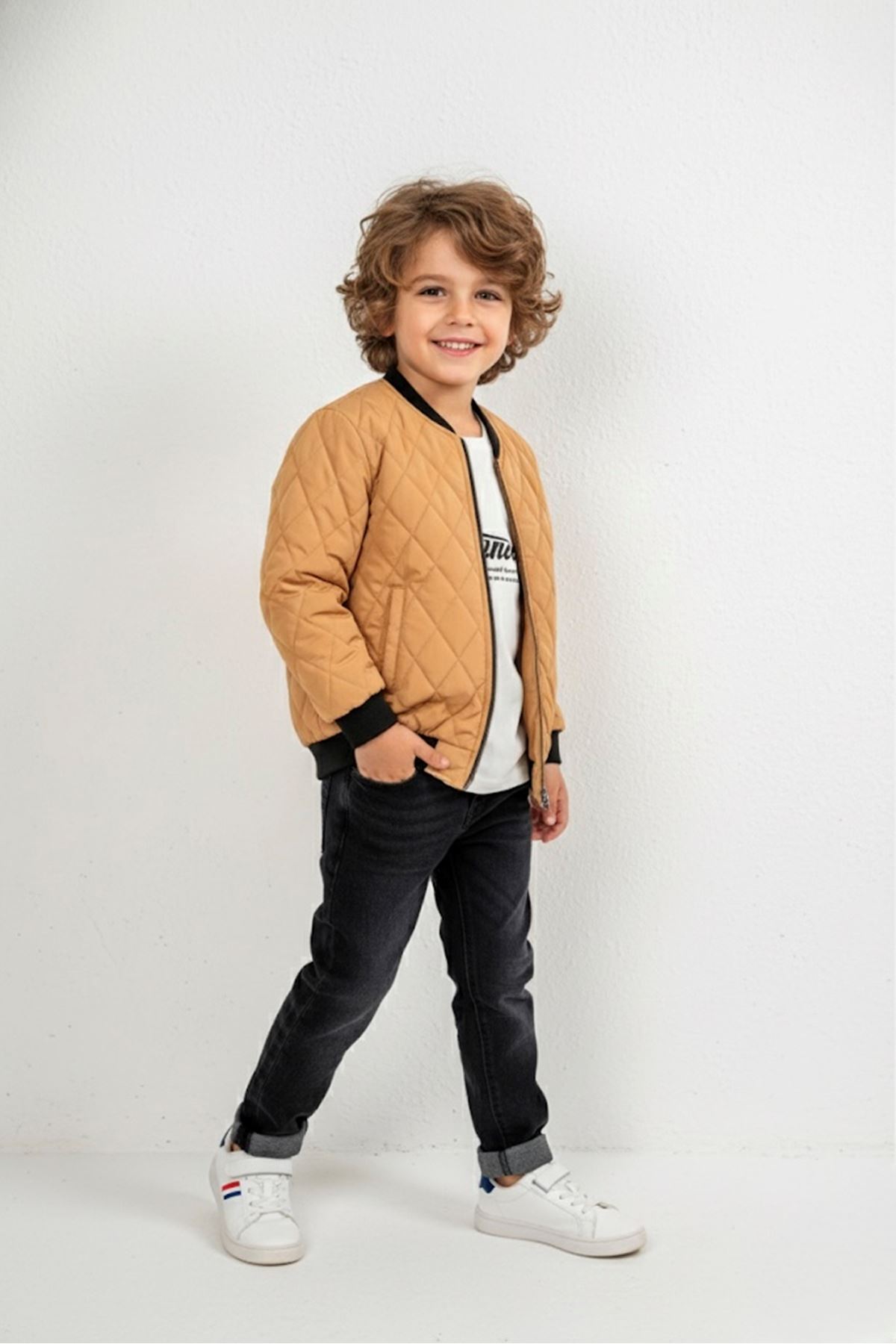 Miniğimin Cicileri LV Çift Tafarlı Kapitone Montlu Erkek Çocuk 3 Lü Takım - Açık Kahve