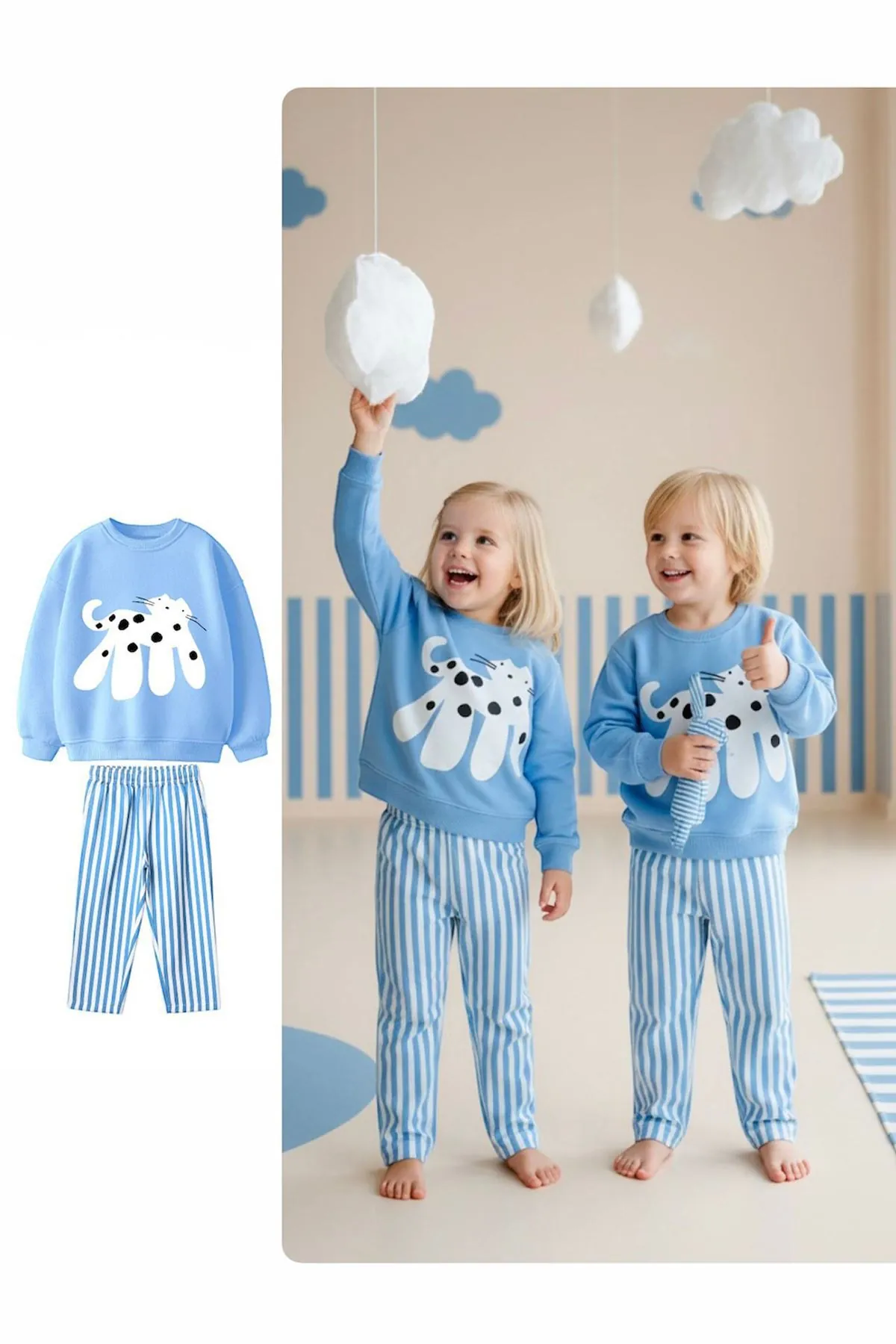Miniğimin Cicileri Kedicik Baskılı Çizgi Detaylı Unisex Çocuk Takım - Bebe Mavisi