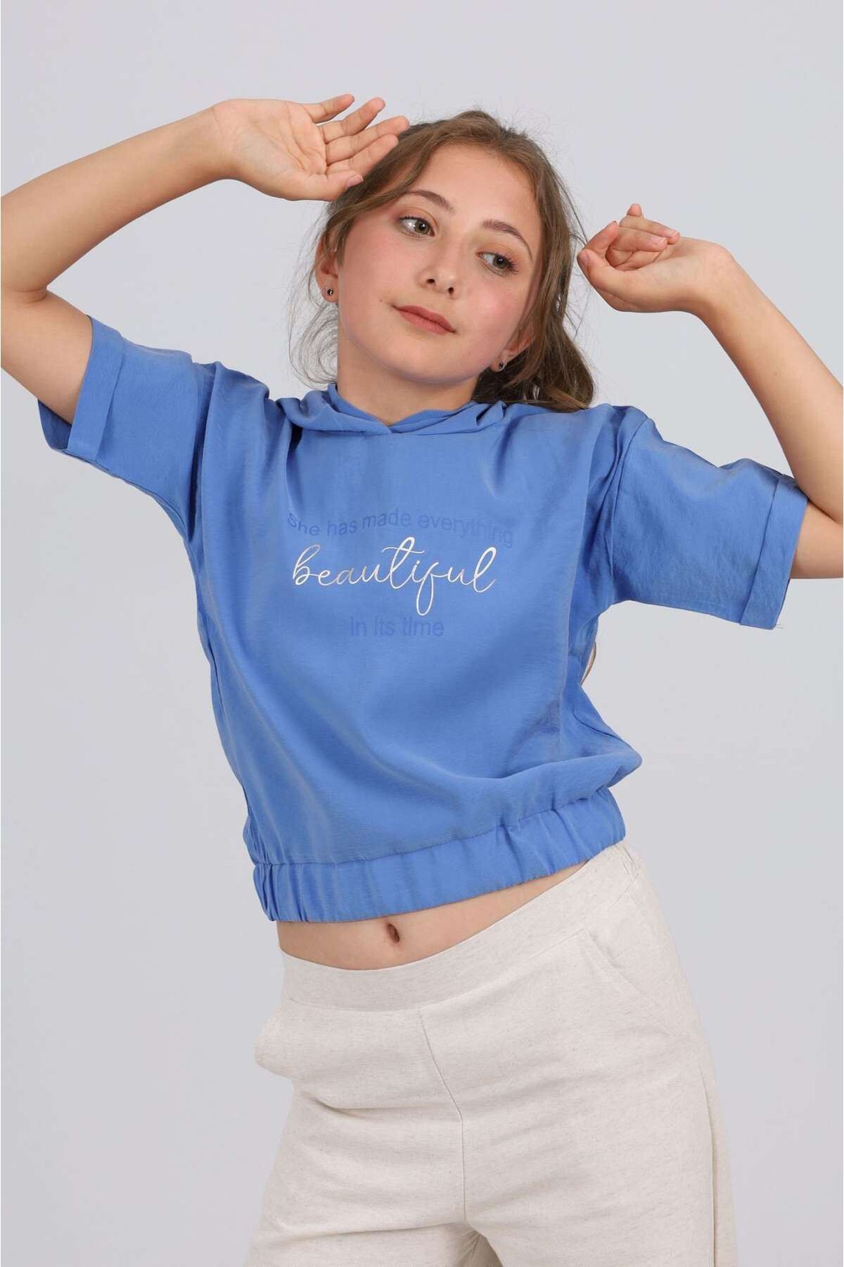 Miniğimin cicileri 7-14 yaş beautiful keten  pantolon ve kapüşonlu crop- İndigo