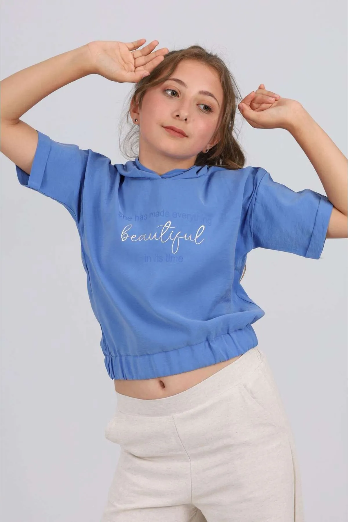 Miniğimin cicileri 7-14 yaş beautiful keten  pantolon ve kapüşonlu crop- İndigo