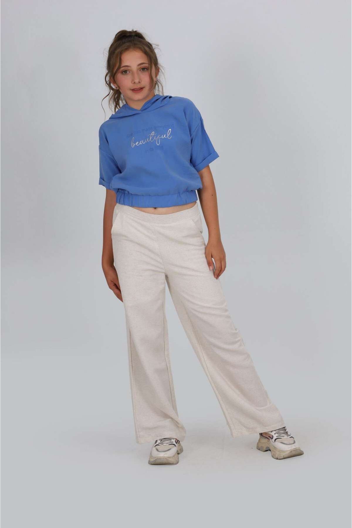 Miniğimin cicileri 7-14 yaş beautiful keten  pantolon ve kapüşonlu crop- İndigo