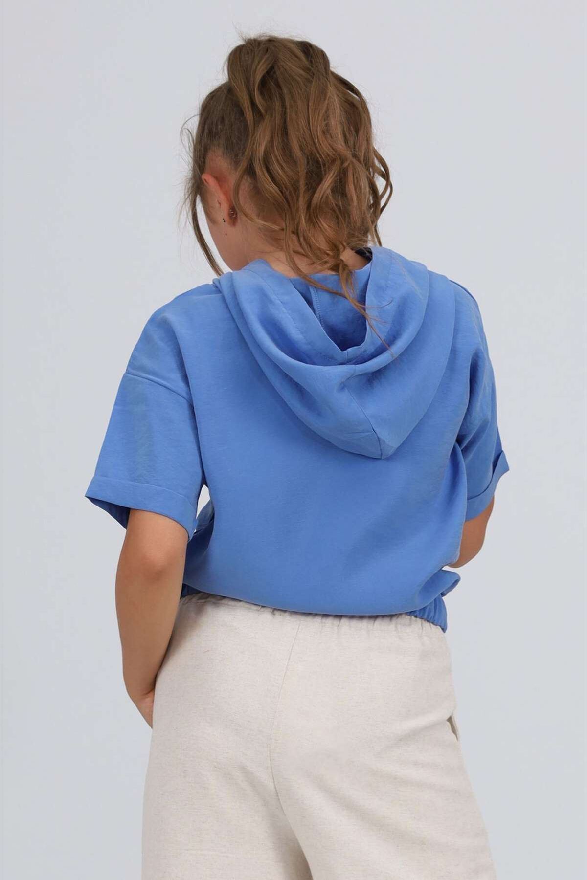 Miniğimin cicileri 7-14 yaş beautiful keten  pantolon ve kapüşonlu crop- İndigo