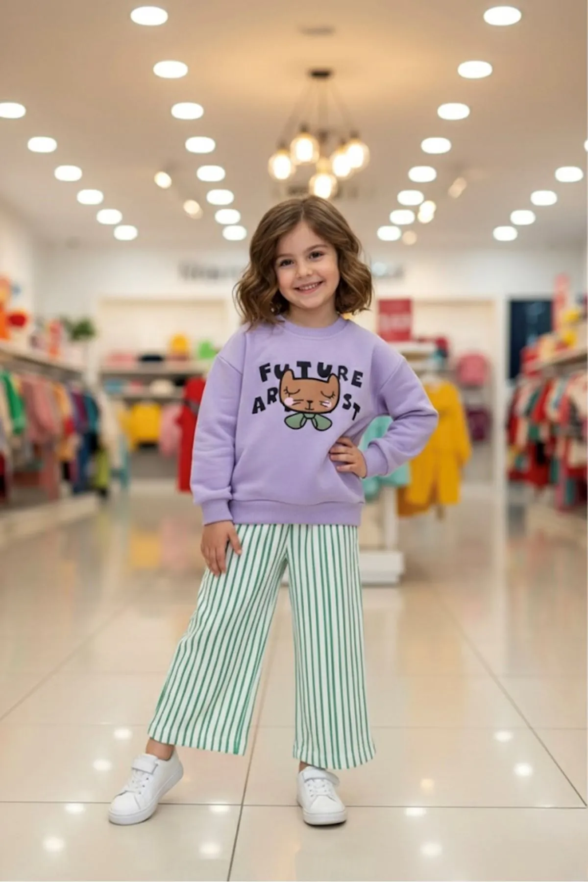 Miniğimin Cicileri Future Artist Baskılı Sweatshirt ve Yeşil Çizgili Kız Çocuk Pantolon Takım - Lila