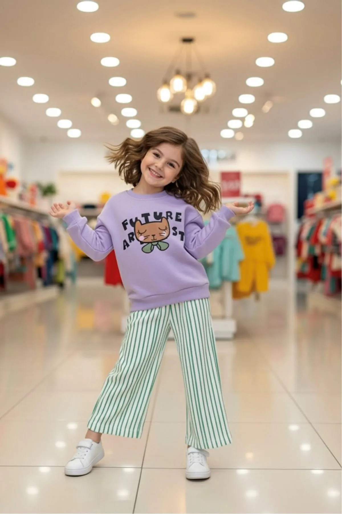 Miniğimin Cicileri Future Artist Baskılı Sweatshirt ve Yeşil Çizgili Kız Çocuk Pantolon Takım - Lila