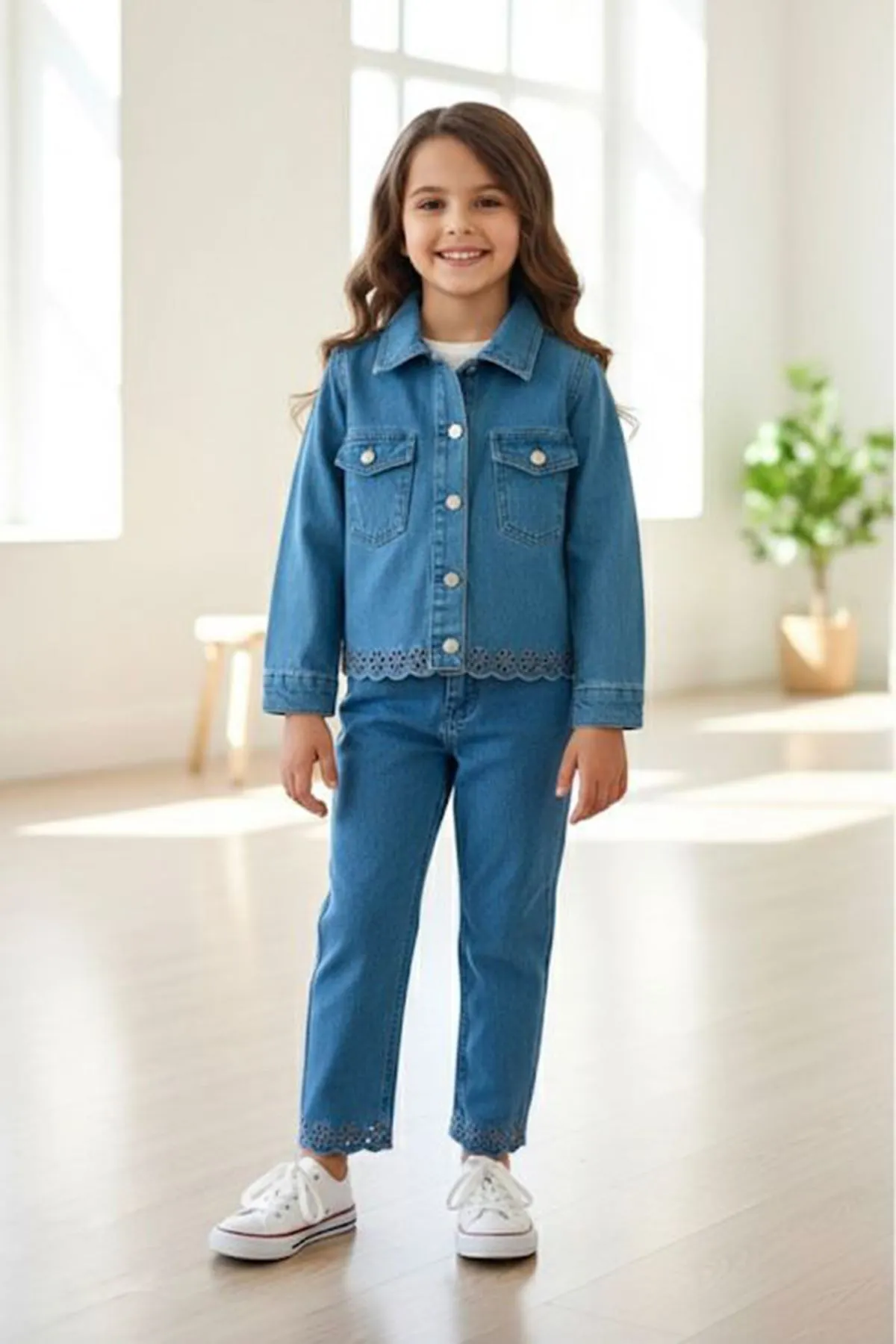 Miniğimin Cicileri Lazer Kesim Çiçek Desenli Denim Kız Çocuk 2 li Takım - Mavi