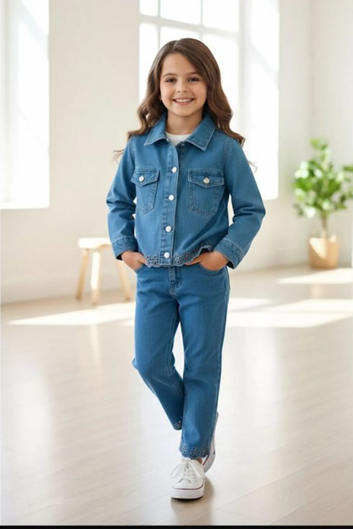 Miniğimin Cicileri Lazer Kesim Çiçek Desenli Denim Kız Çocuk 2 li Takım - Mavi