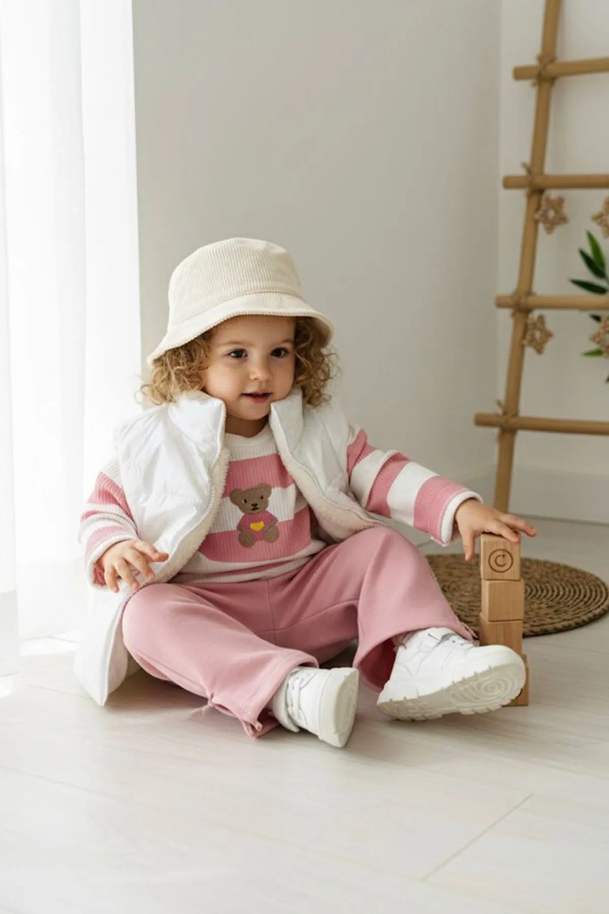 Miniğimin Cicileri Fiyonk Detaylı Şişme Yelekli Ayıcık Desenli Kız Bebek  3 lü Takım- Pembe