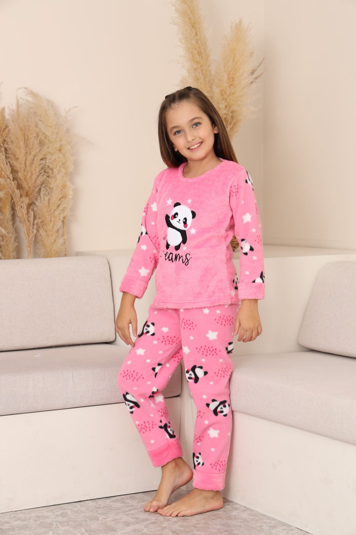 Miniğimin Cicileri Panda Desenli Welsoft Kız Çocuk Pijama Takımı-Pembe - Pembe