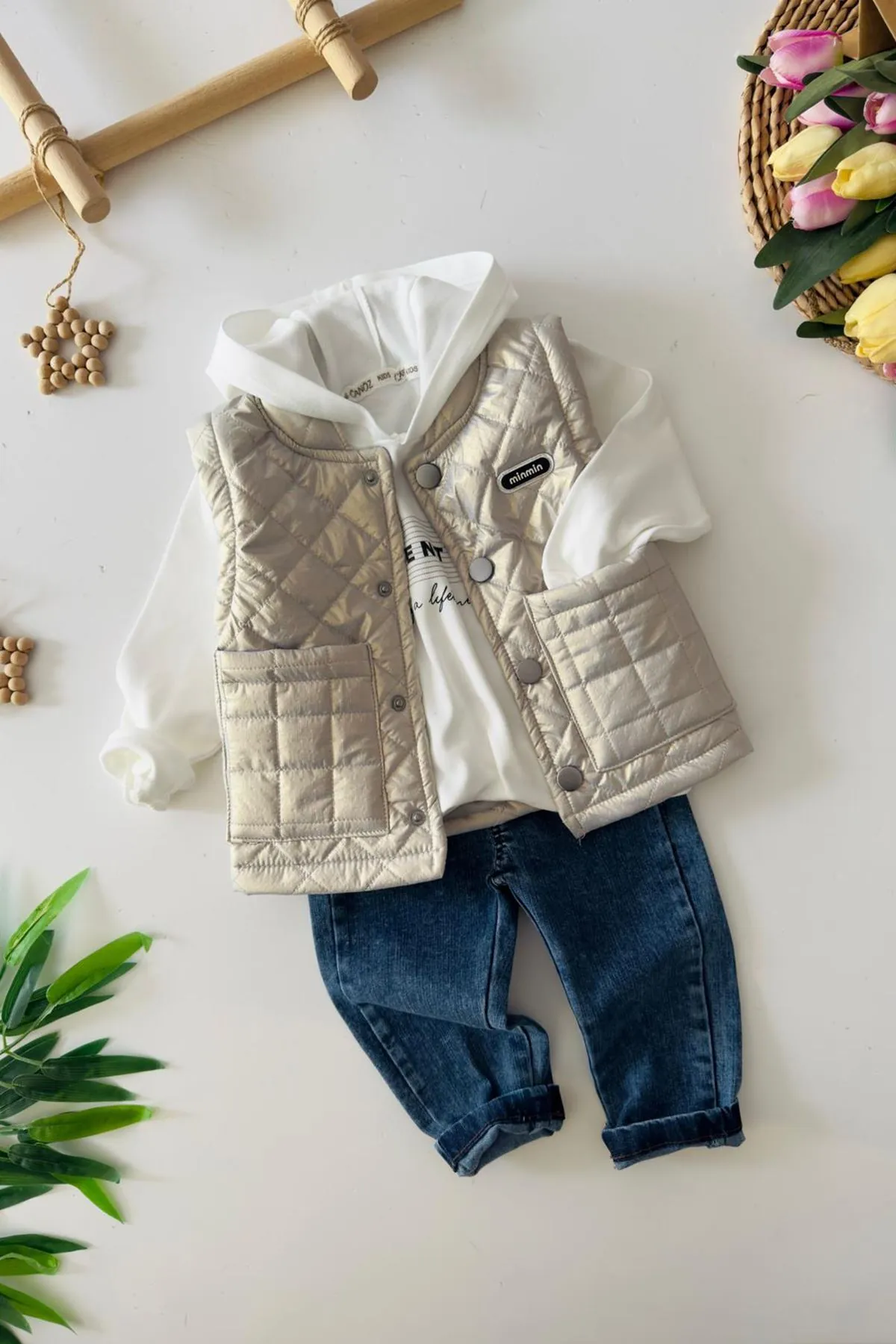 Miniğimin Cicileri Çıkarılabilir Kol Detaylı Min 3 lü Unisex Takım - Gri