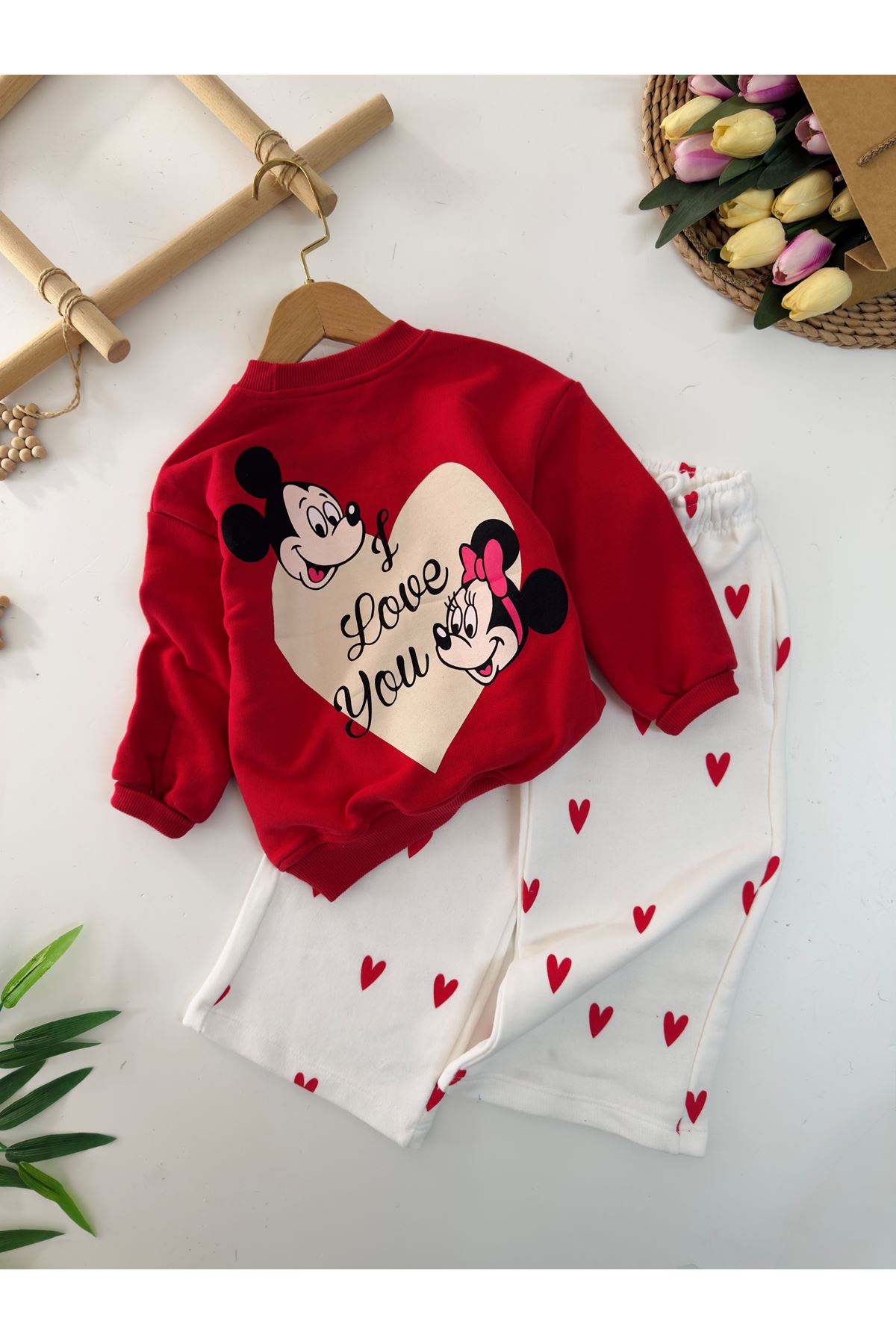 Miniğimin Cicileri Love You Mnn Kalp Desenli Kız Çocuk Takım - Kırmızı