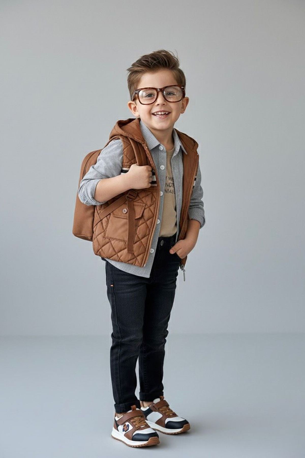 Miniğimin Cicileri Kapitone Şişme Yelekli Gömlekli Erkek Çocuk 4’lü Kombin - Taba