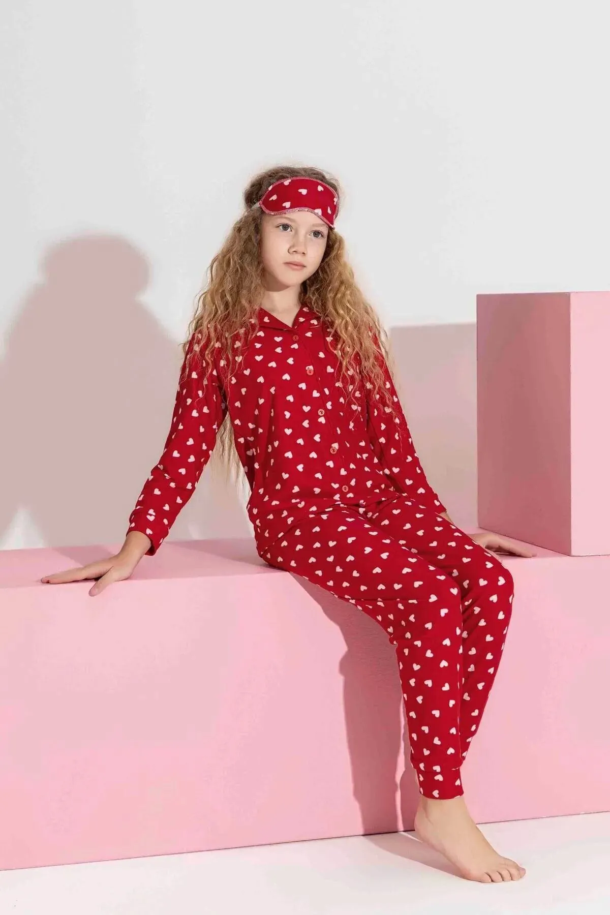 Miniğimin Cicileri Termal Kumaş Kalp Desenli Kız Çocuk Pijama Takımı - Kırmızı