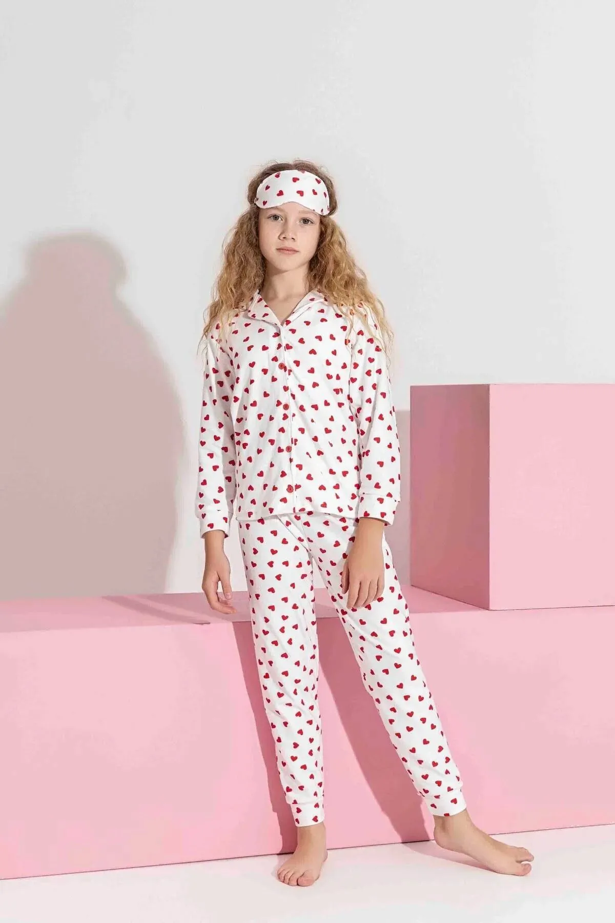 Miniğimin Cicileri Termal Kumaş Kalp Desenli Kız Çocuk Pijama Takımı - Beyaz