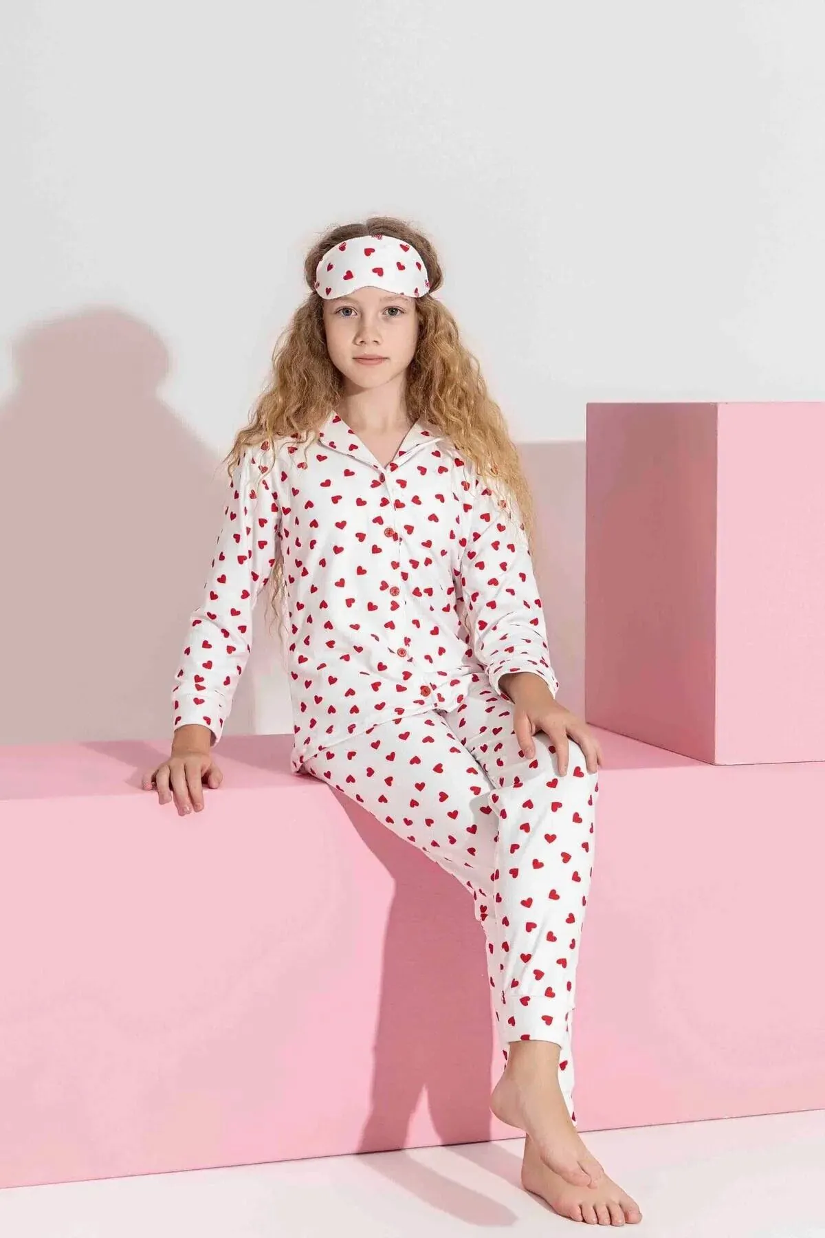 Miniğimin Cicileri Termal Kumaş Kalp Desenli Kız Çocuk Pijama Takımı - Beyaz