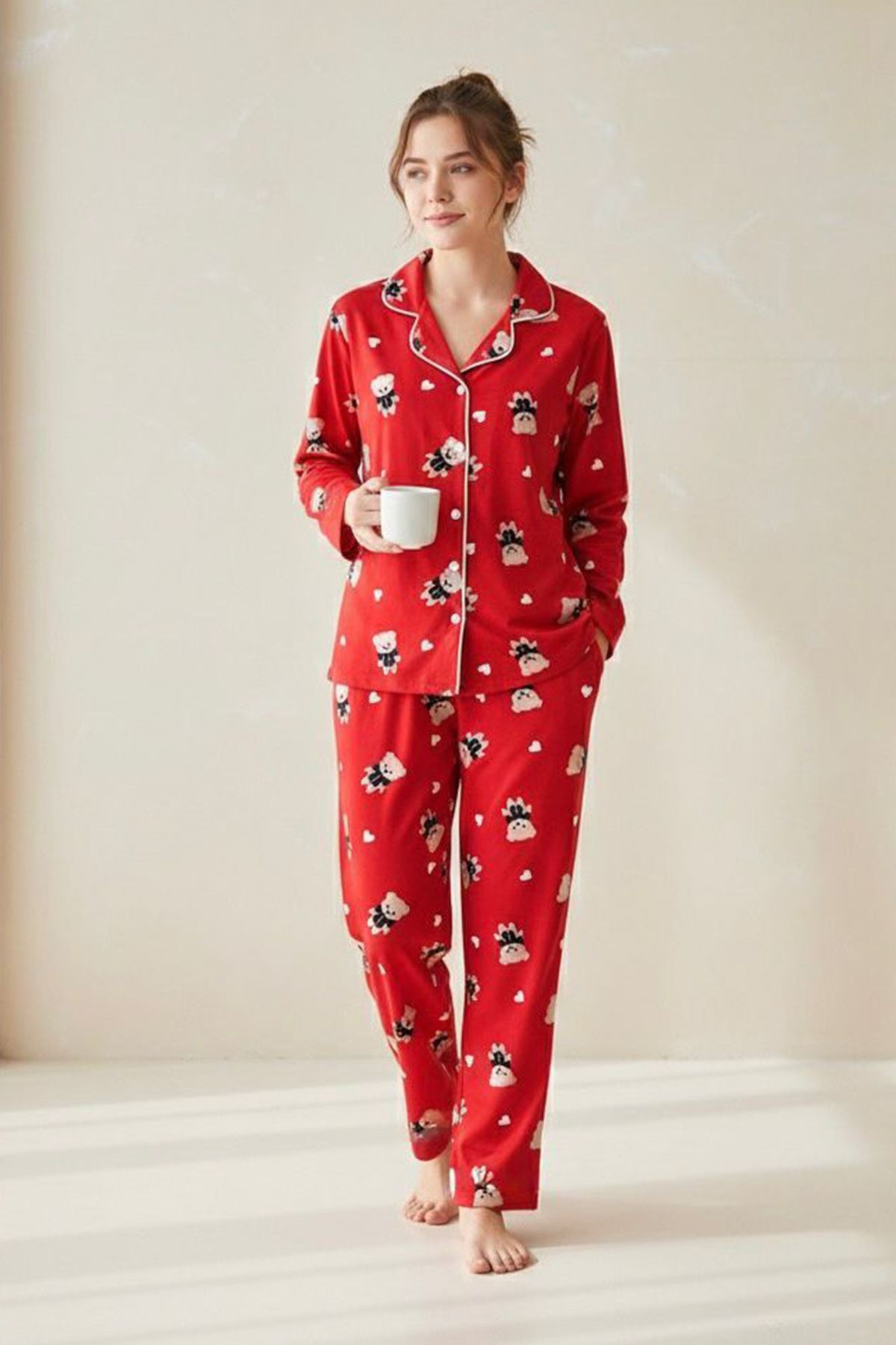 Miniğimin Cicileri Ayıcık Desenli Anne Pijama Takımı - Kırmızı