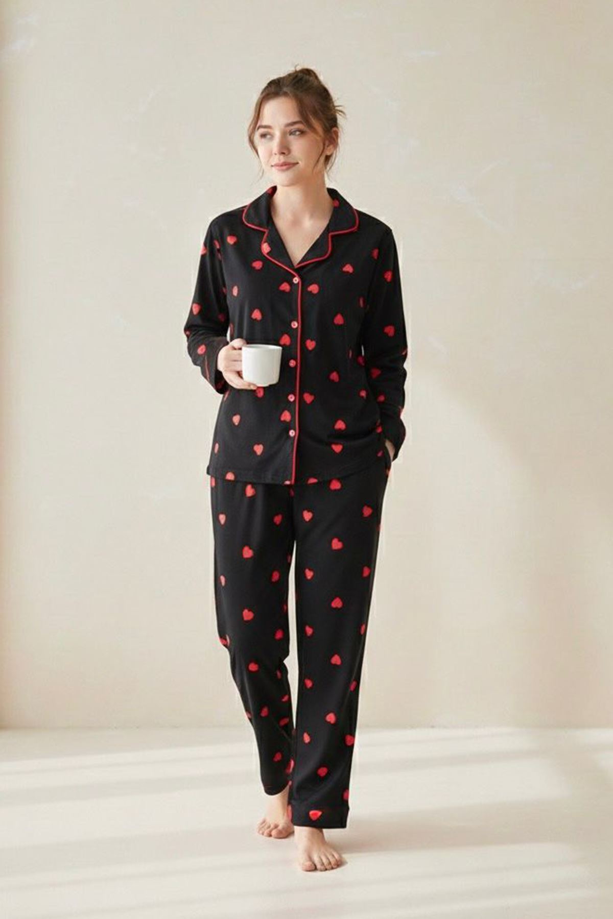 Miniğimin Cicileri Kalp Desenli Süet Anne Pijama Takımı - Siyah