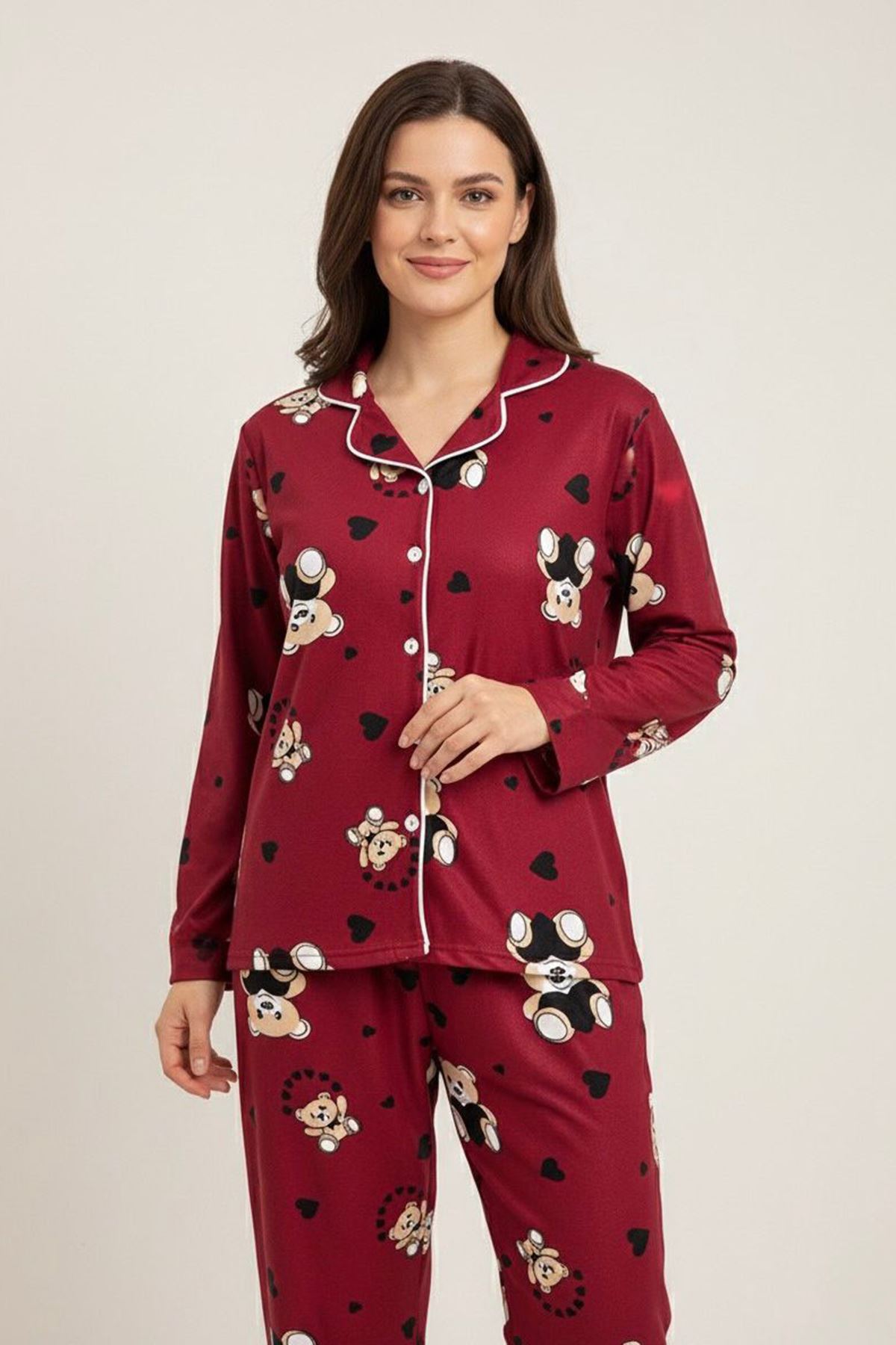 Miniğimin Cicileri Ayıcık Kalp Desenli Süet Anne Pijama Takımı - Bordo