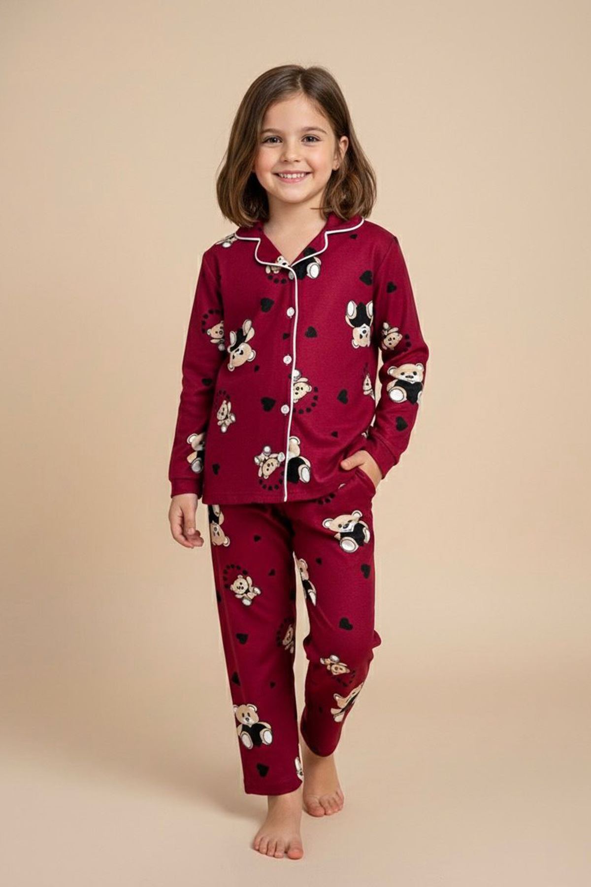 Miniğimin Cicileri Ayıcık Kalp Desenli Süet Kız Çocuk Pijama Takımı - Bordo