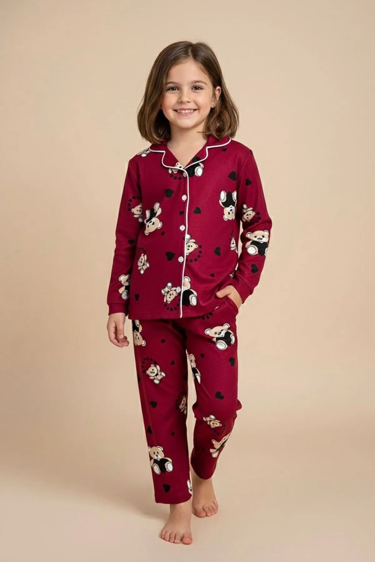 Miniğimin Cicileri Ayıcık Kalp Desenli Süet Kız Çocuk Pijama Takımı - Bordo