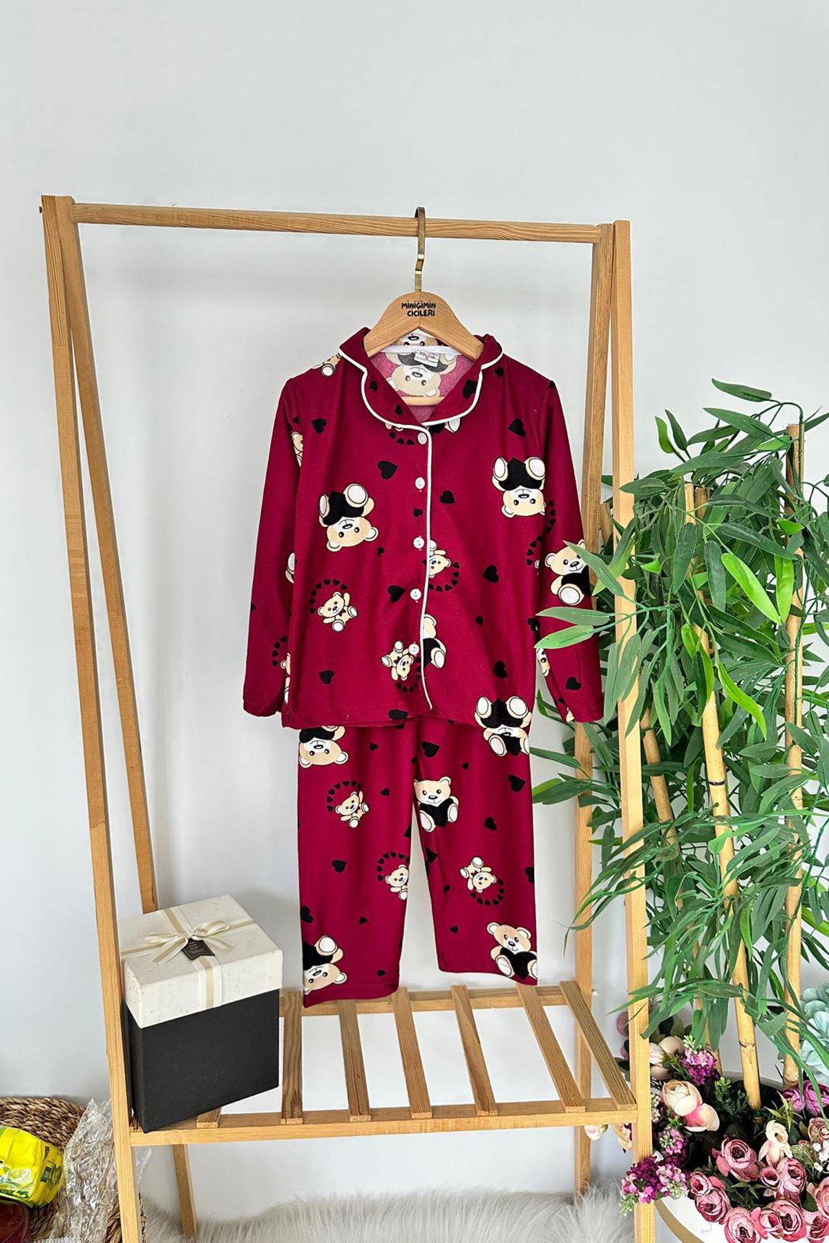 Miniğimin Cicileri Ayıcık Kalp Desenli Süet Kız Çocuk Pijama Takımı - Bordo