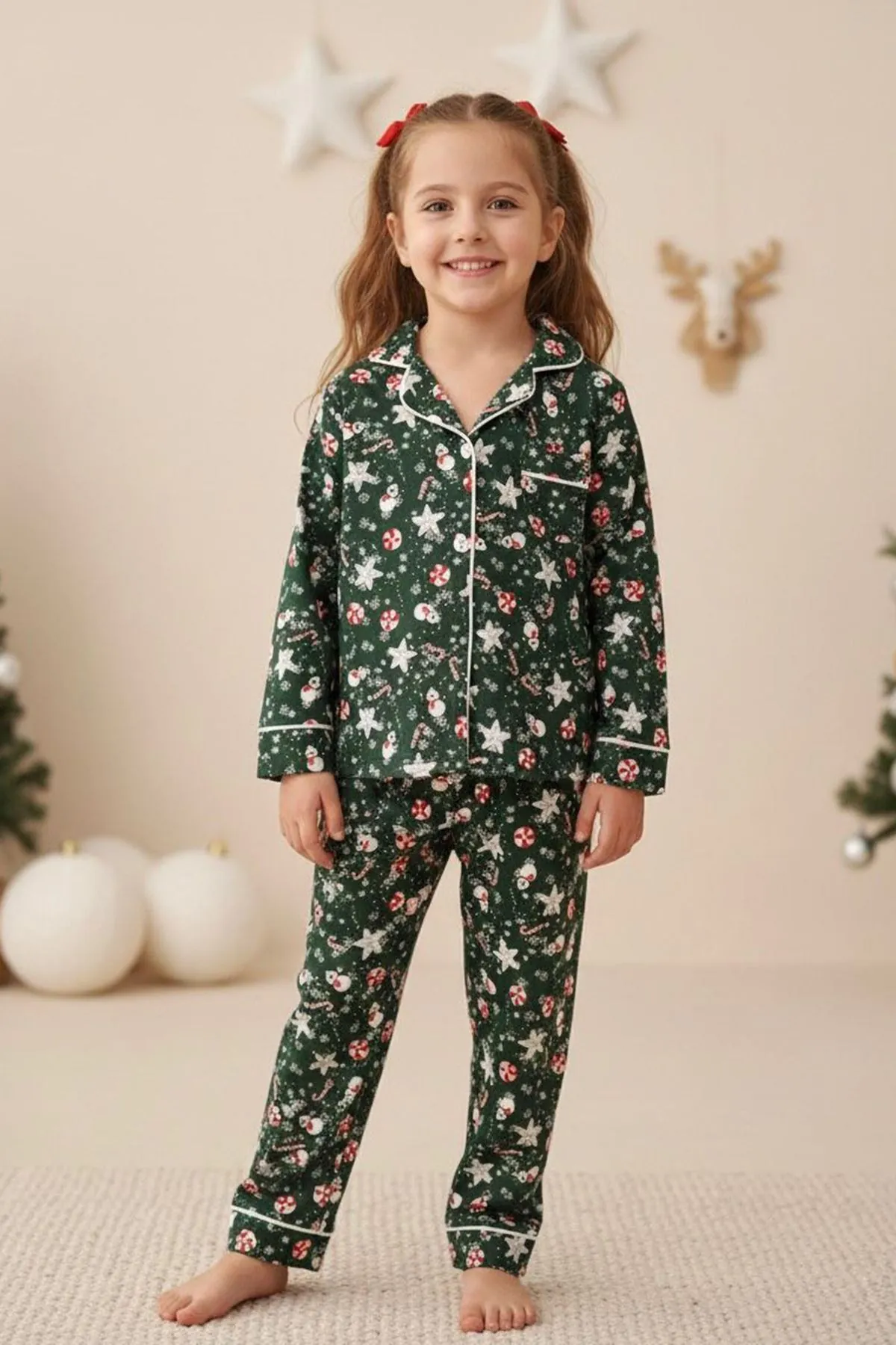 Miniğimin Cicileri Yılbaşı Kardanadam  Desenli Süet Kız Çocuk Pijama Takımı - Yeşil