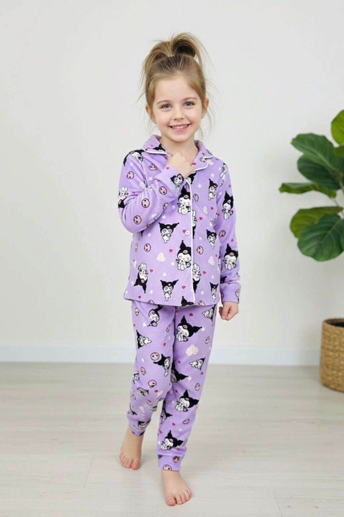 Miniğimin Cicileri Krm Desenli Süet Kız Çocuk Pijama Takımı - Lila