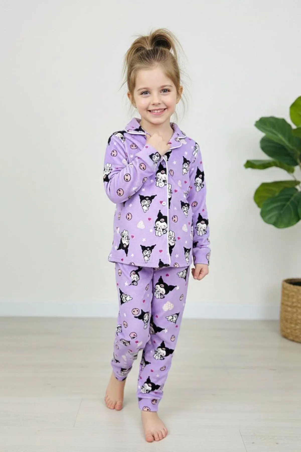 Miniğimin Cicileri Krm Desenli Süet Kız Çocuk Pijama Takımı - Lila
