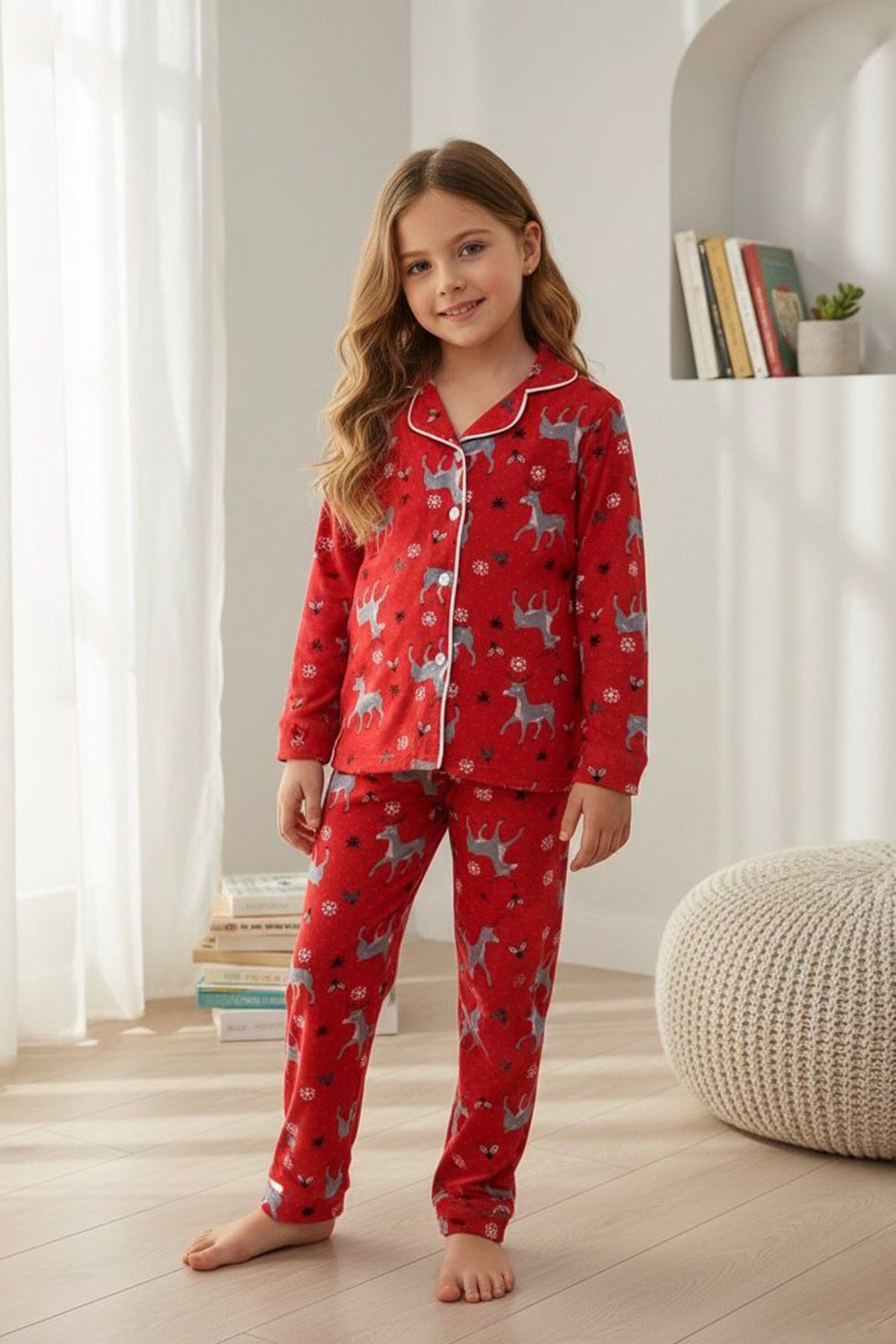 Miniğimin Cicileri Geyik  Desenli Süet Kız Çocuk Pijama Takımı - Kırmızı