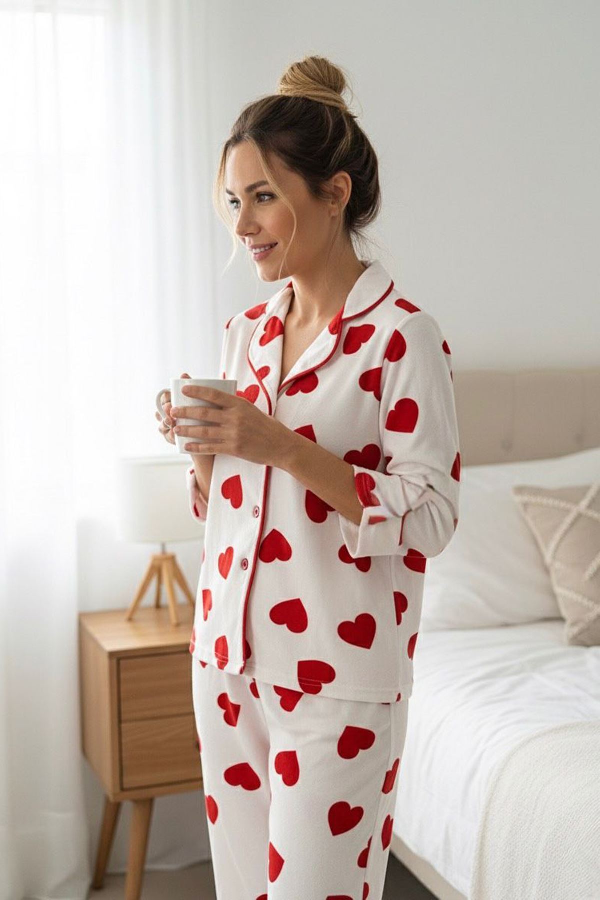 Miniğimin Cicileri Kalp  Desenli Süet Anne Pijama Takımı - Beyaz