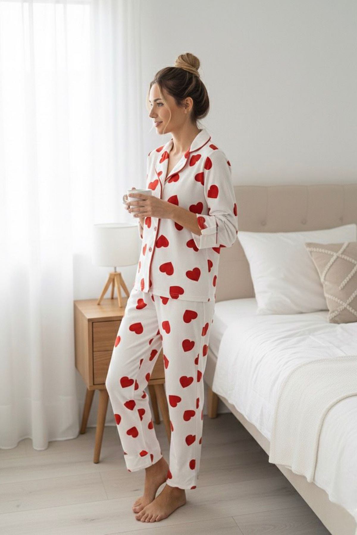 Miniğimin Cicileri Kalp  Desenli Süet Anne Pijama Takımı - Beyaz